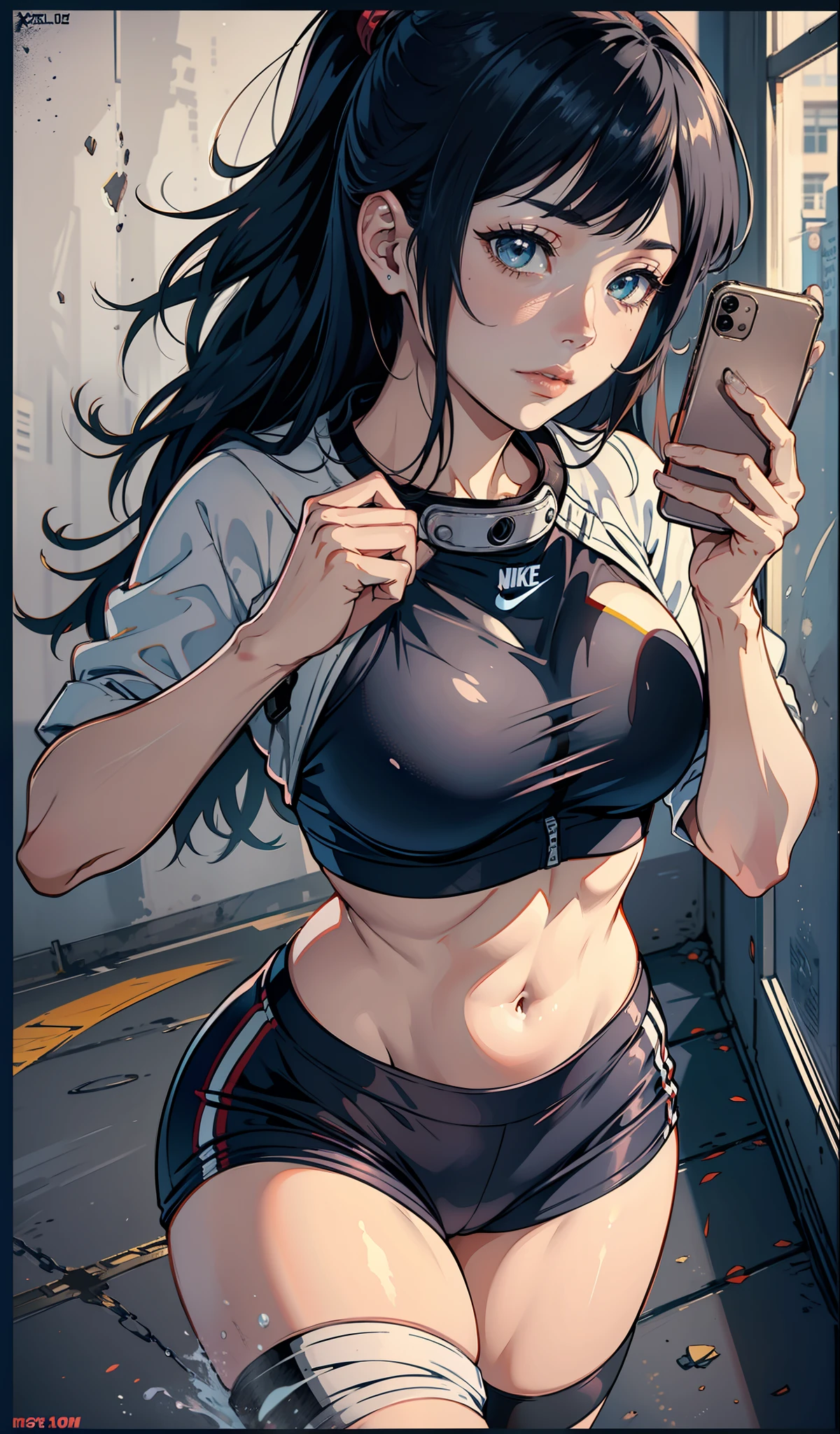 Hinata Hyuga, Fitness, com short legging da badboy, extremamente curto, tirando selfie, academia, usando uma pequena blusa nike, mostrando o umbigo, extremamente sexy, bunda grande, pernas grossas, agachamento, Nike sneakers, corpo inteiro, muito realista, extremamente Realista, extremamente sexy, 8k, 8k extremamente detalhado), (um extremamente delicado e bonito), (obra-prima), (melhor qualidade: 1.0), (ultra highres:1.0)