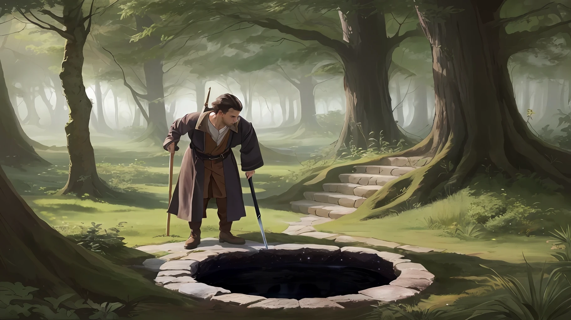 There is a man standing in the forest with a sword, realistic fantasy illustration, realistic fantasy rendering, pintura de fantasia realista, d & d fantasia pintura digital, Pintura digital de fantasia, Silvain Sarrailh, arte do jogo de fantasia medieval, fantasy genre portrait, fantasy RPG book illustration, Arte conceitual do anel Elden, Arte tolkein, tom bagshaw weta studio