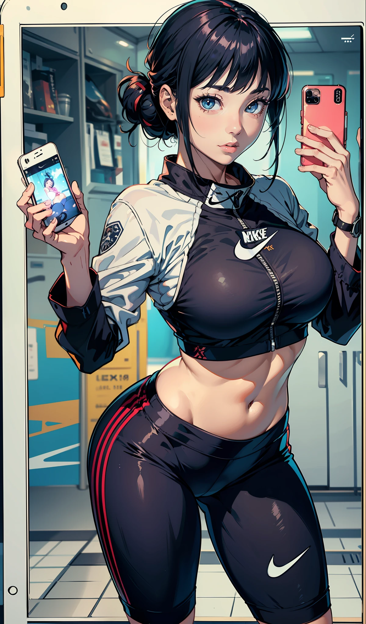 Hinata Hyuga, Fitness, com short legging da badboy,extremamente curto, tirando selfie, academia, usando uma pequena blusa nike, mostrando o umbigo, extremamente sexy, bunda grande, pernas grossas, agachamento, Nike sneakers, corpo inteiro, muito realista, extremamente Realista, extremamente sexy, 8k, 8k extremamente detalhado), (um extremamente delicado e bonito), (obra-prima), (melhor qualidade: 1.0), (ultra highres:1.0)