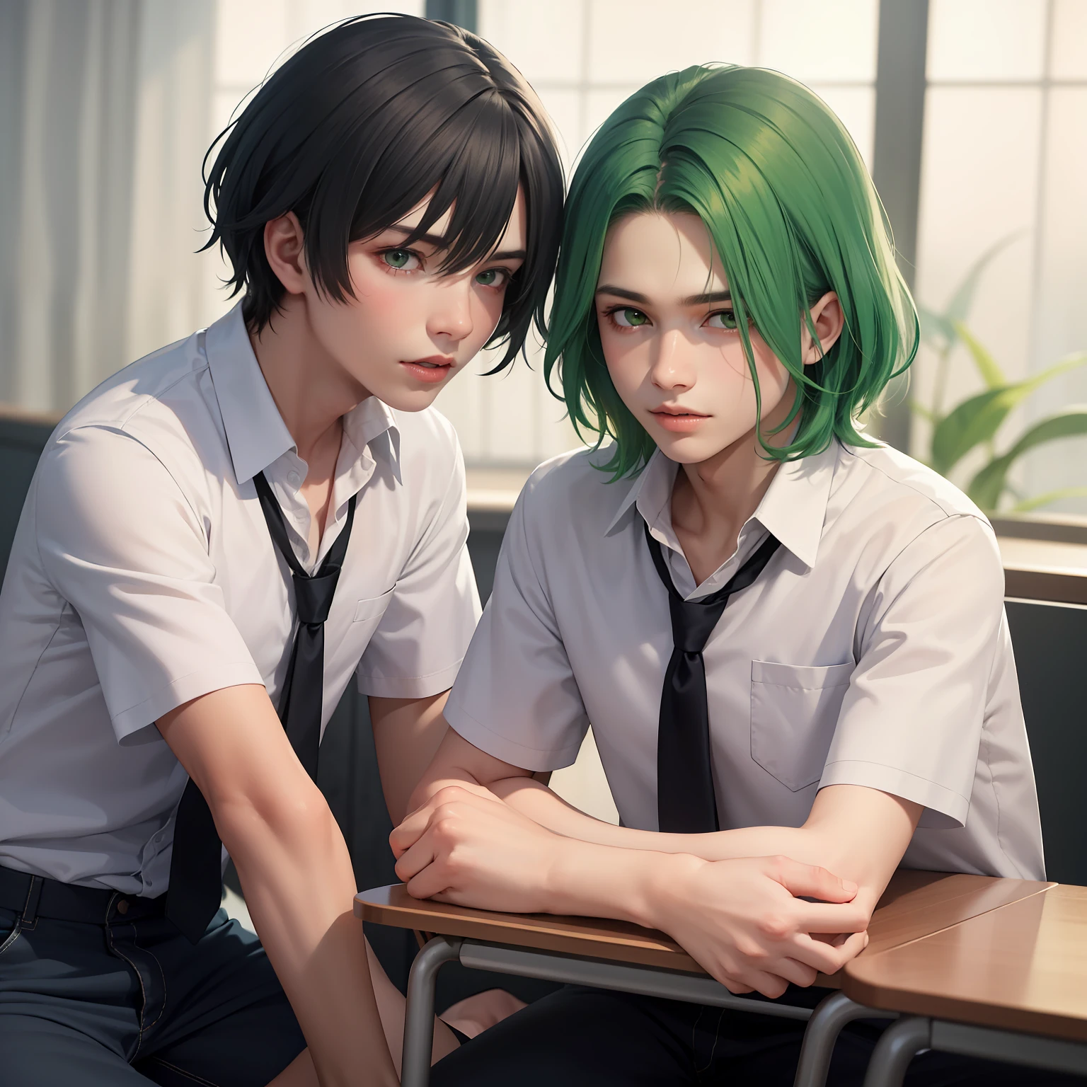 Two -yeld tege male friends with Latin skin and bright green hair Light green eyes at school are talking about an important topic are friends almost like brothers.......