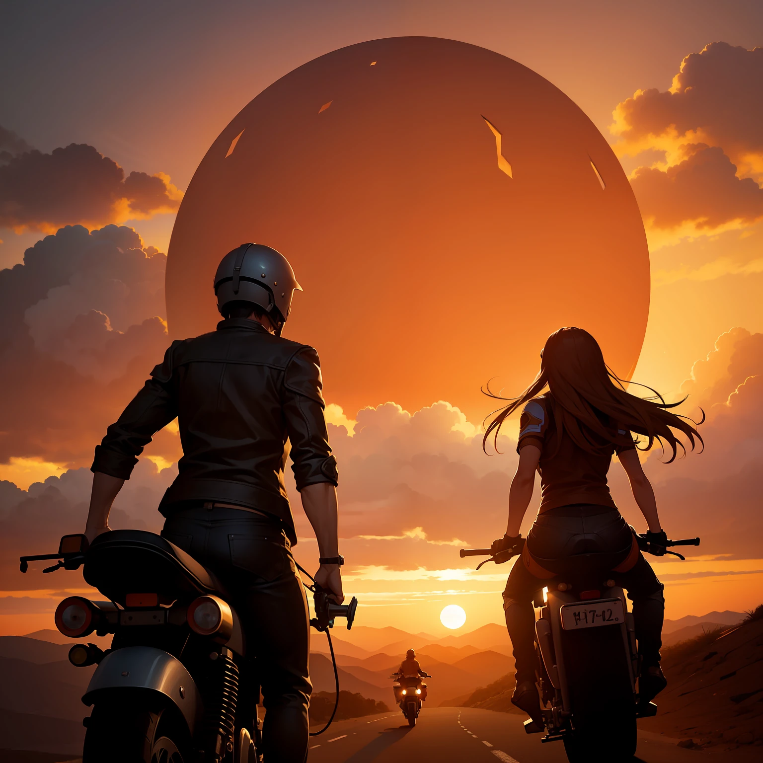 Two Riders of the Time riding side by side on two cool motorcycles into the dusty cloudy orange sunset in a desolated valley on a path leading to a futuristic city scape on the horizon into a large dome of clear blue sky. camera from behind