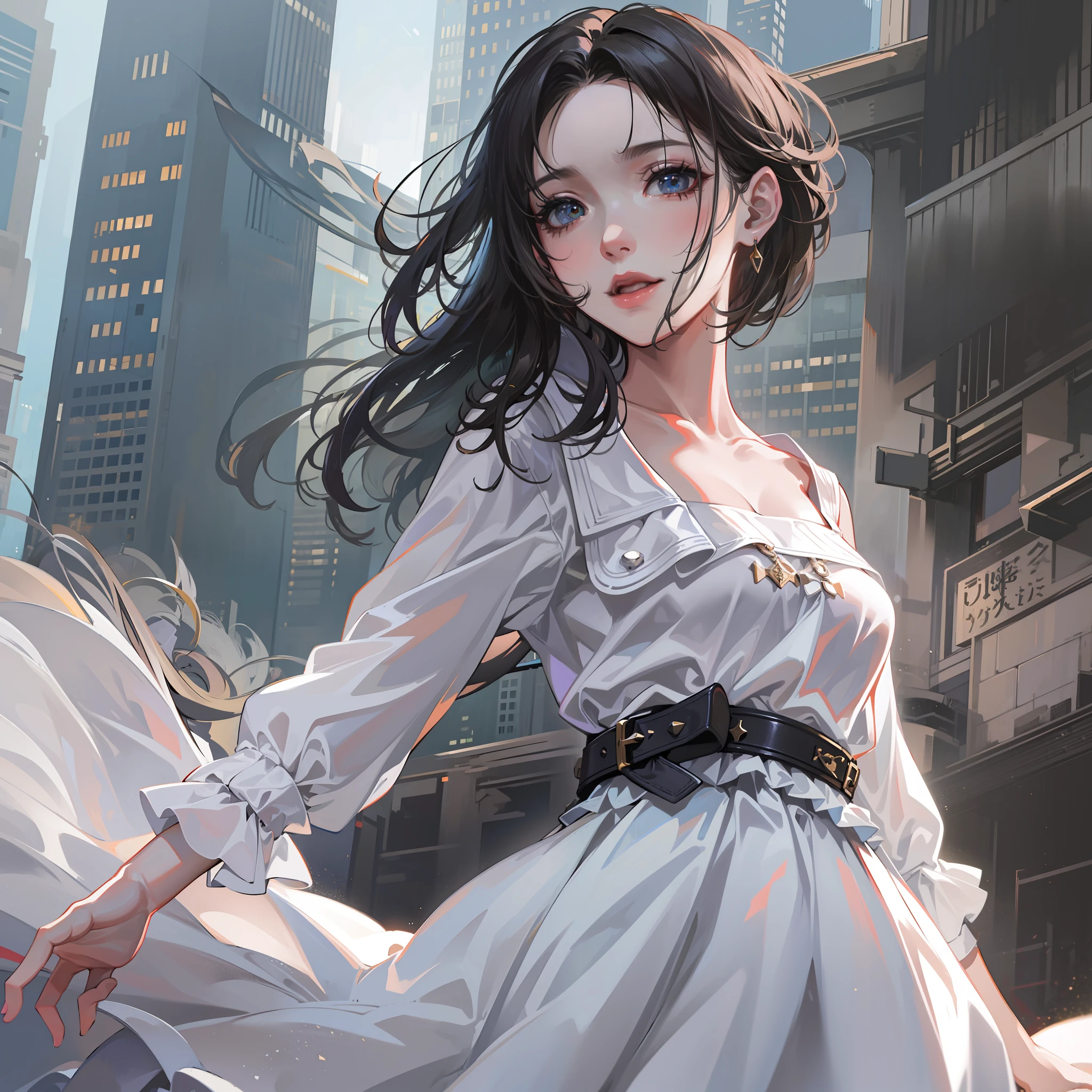 hyper HD, Masterpiece, Textured skin, Super detail, High details, High quality, Best quality, A high resolution, 8K, 16k，full body,1girl,wearing a white skirt with long black hair，realistic face,realism, a character portrait, （white background:1.3)