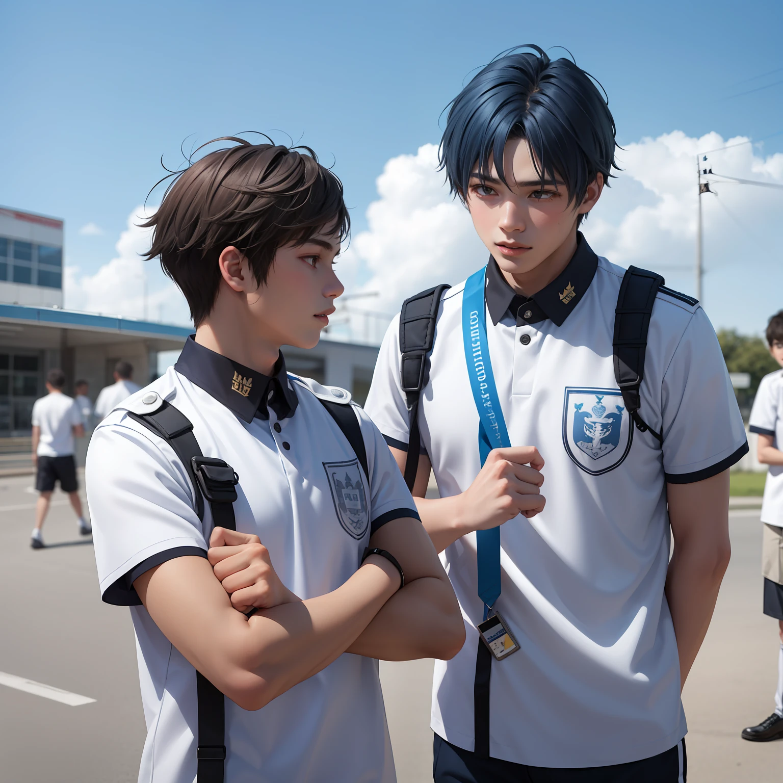 15-year-old boys with brown Latin skin and bright blue hair , are in high school wearing white uniform, hablan preocupados sobre algo importante