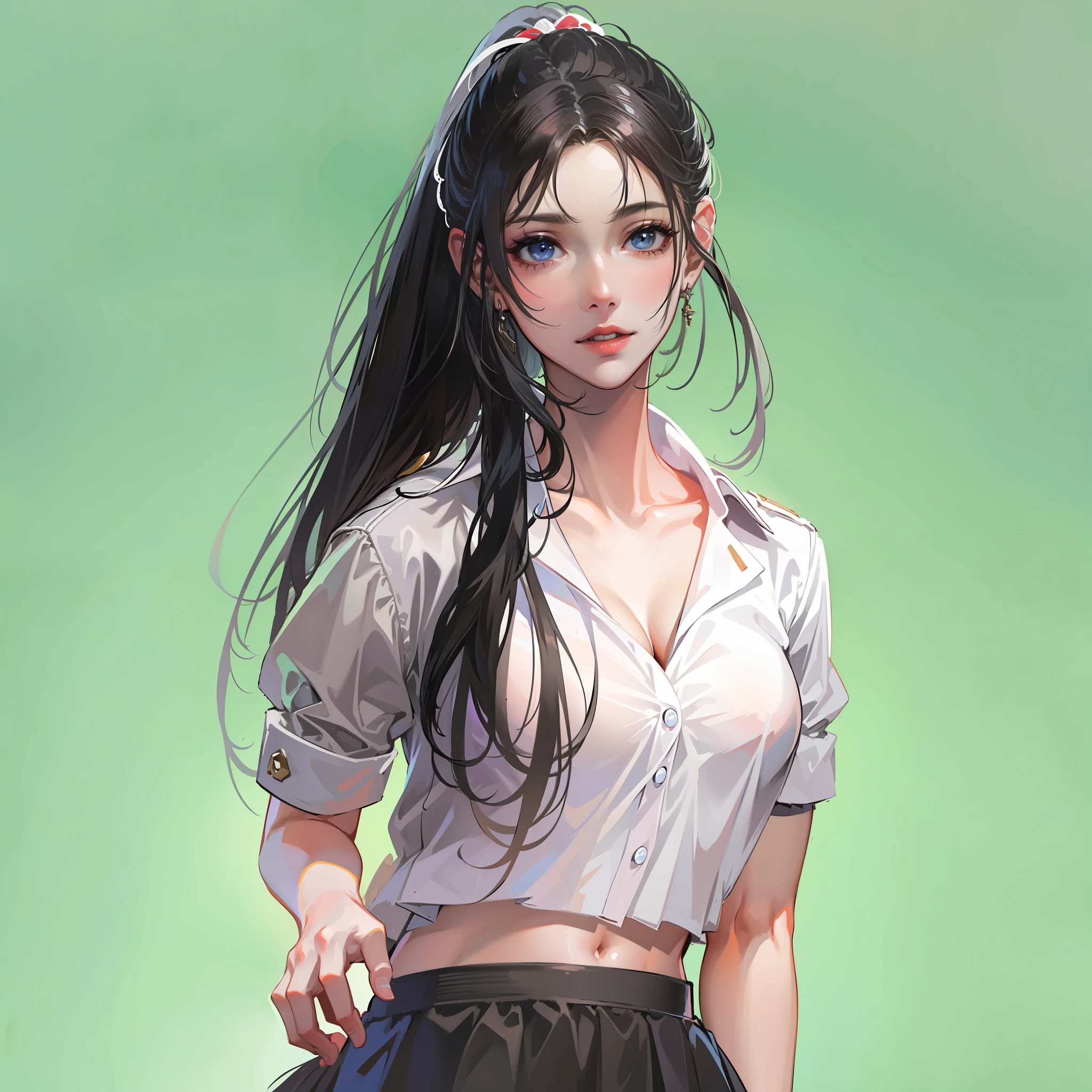 hyper HD, Masterpiece, Textured skin, Super detail, High details, High quality, Best quality, A high resolution, 8K, 16k，full body,1girl,wearing a white skirt with long black hair，single ponytail,realistic face,realism, a character portrait, （white background)