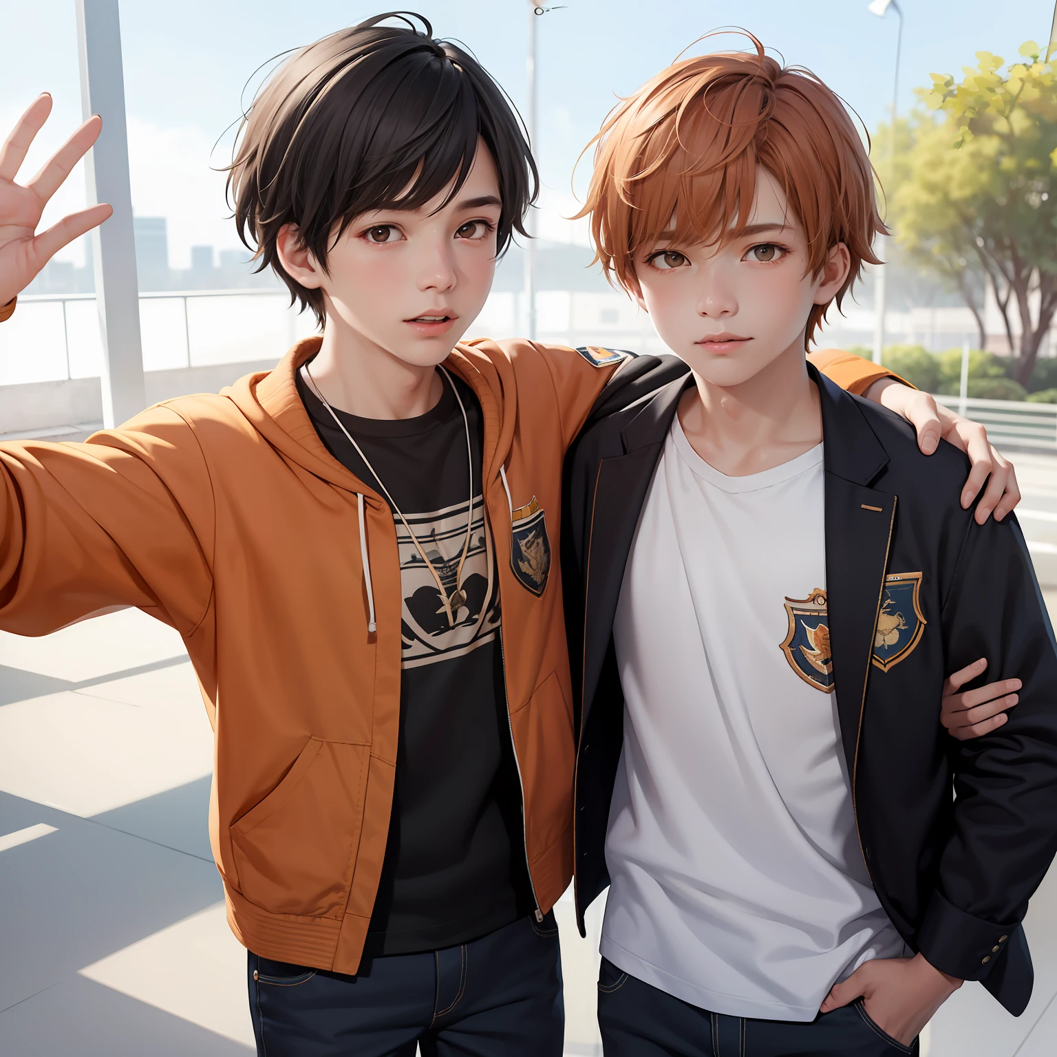 15-year-old male adolescents with brown Latin skin and orange hair, usan uniforme de secundaria color blanco, estan en la escuela hablan preocupados sobre algo importante que sucedera
