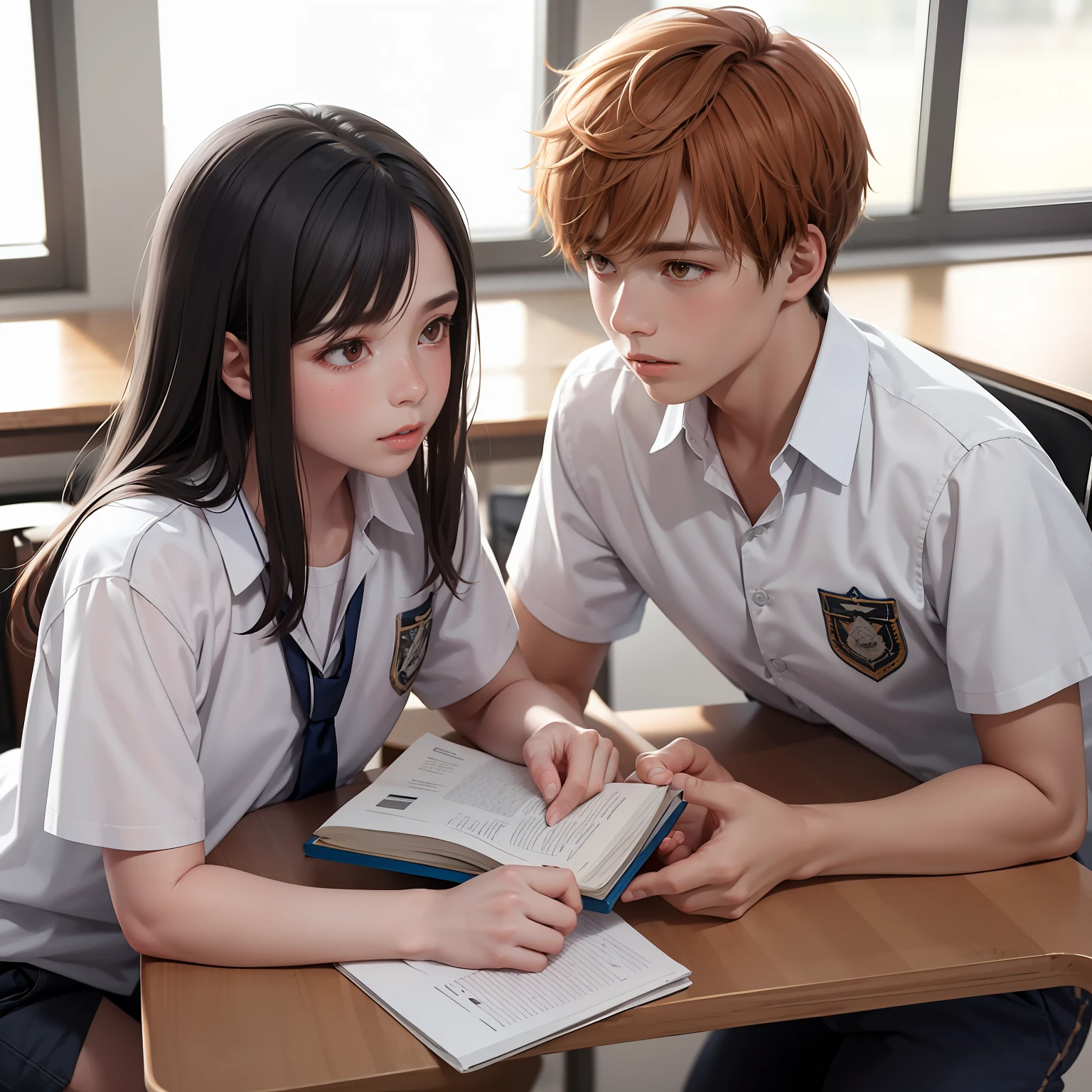 15-year-old male adolescents with brown Latin skin and orange hair, usan uniforme de secundaria color blanco, estan en la escuela hablan preocupados sobre algo importante que sucedera
