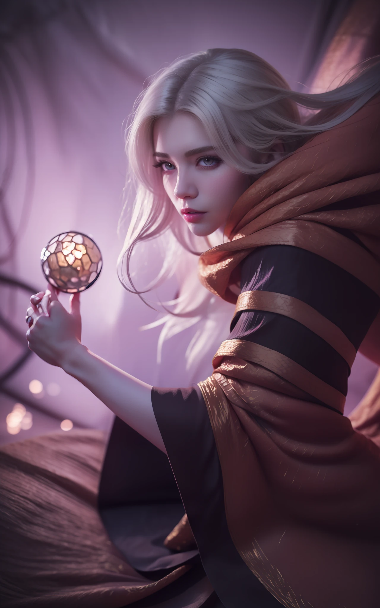 ((Best Quality, 4K, Masterpiece: 1.3)), (Detailed: 1.4), a woman with white hair and a purple outfit holding a glowing ball, astri lohne, samira from league of legends, arcane league of legends, sylas, zenra taliyah, painted in the style arcane, a woman with kimono, 4K, HD, Ultra Realistic, extremely detailed