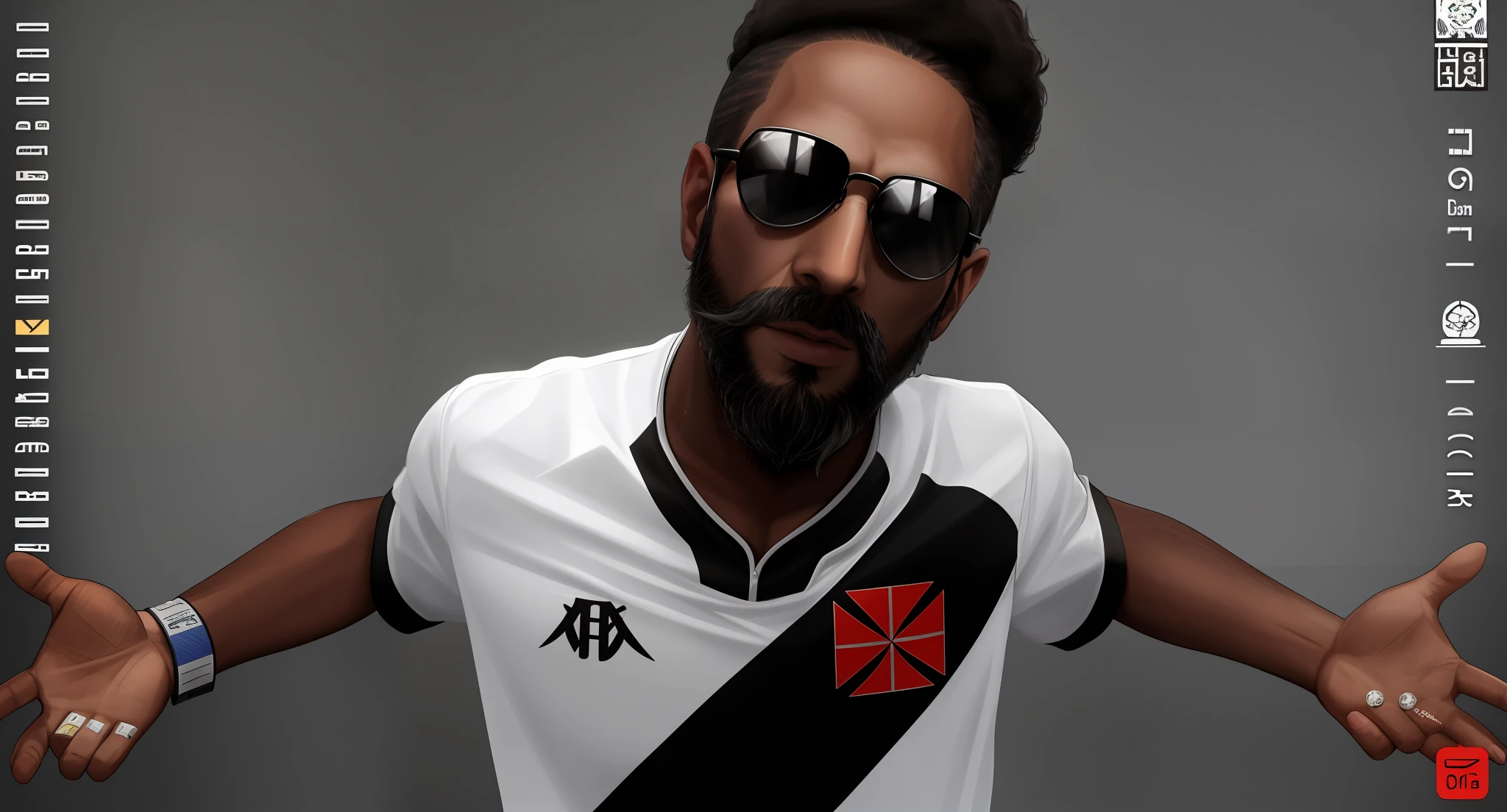 There's a man with a beard and sunglasses posing for a photo, Mohamed Reda, Vanta Blac, Vanta Preto, gui guimaraes, barba preta encaracolado, inspired by Nuno Gonçalves, inspirado em Samuel Silva, inspired by Edo Murtić, barba encaracolado preta, barba preta, 💣 💥💣 💥, com uma barba preta cheia