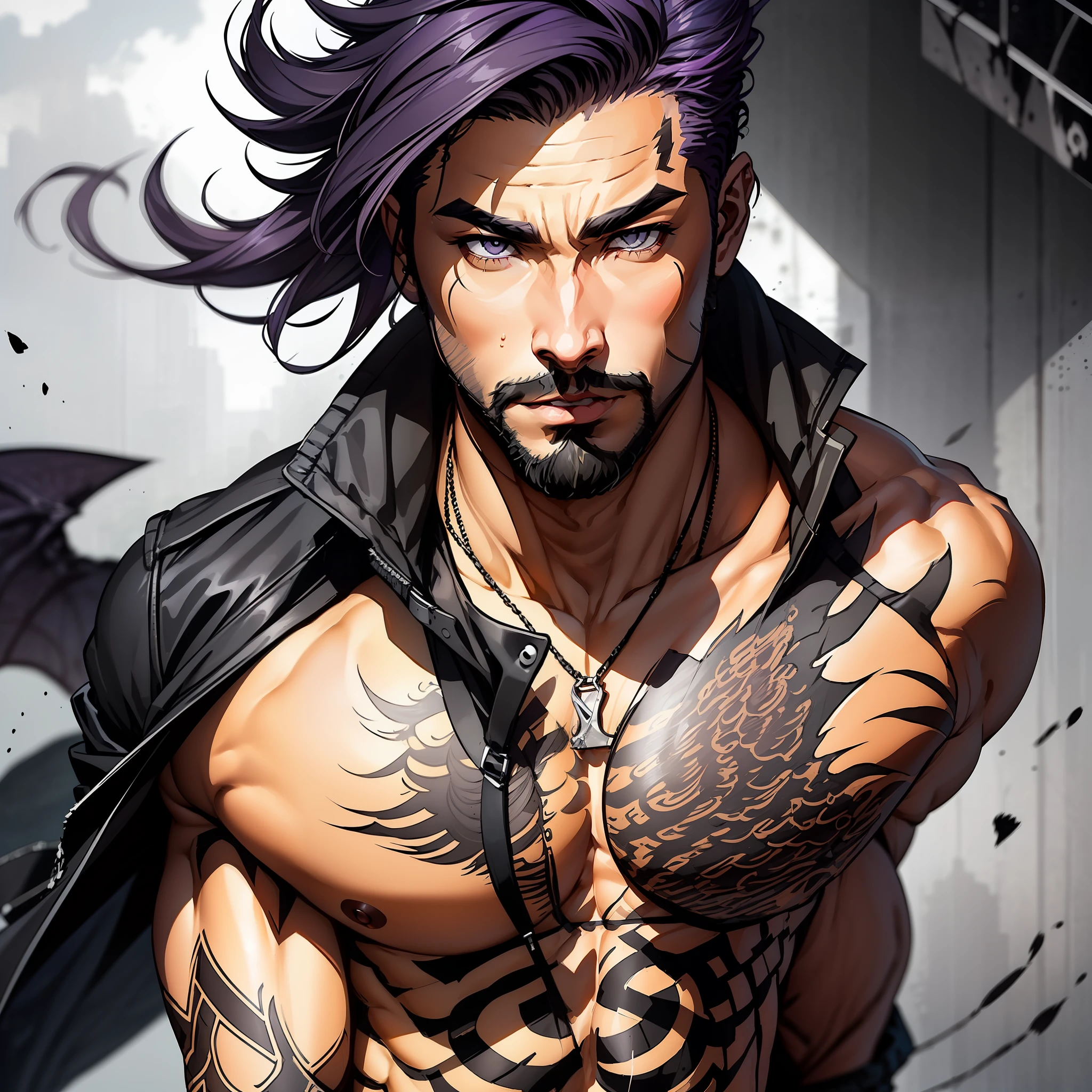 "character description: mischievous and carefree half-demon and half-shapeshifter with short black and purple hair, grey eyes, and a well-groomed beard, he is well built and muscular however he is on the slender side"