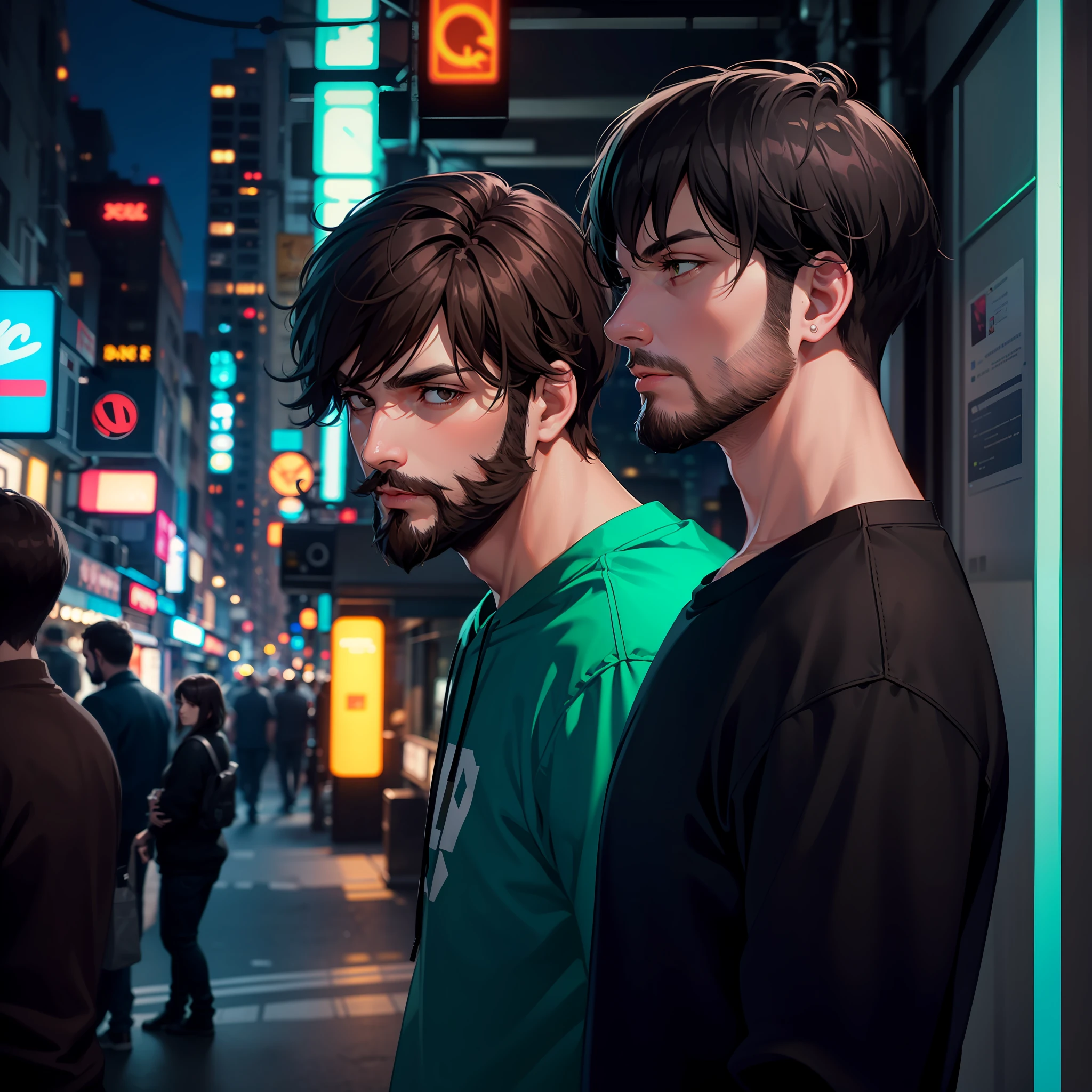 Adult man with beard and dark brown hair, dark brown eyes, black sweatshirt with green details, in a city with green neon lights.