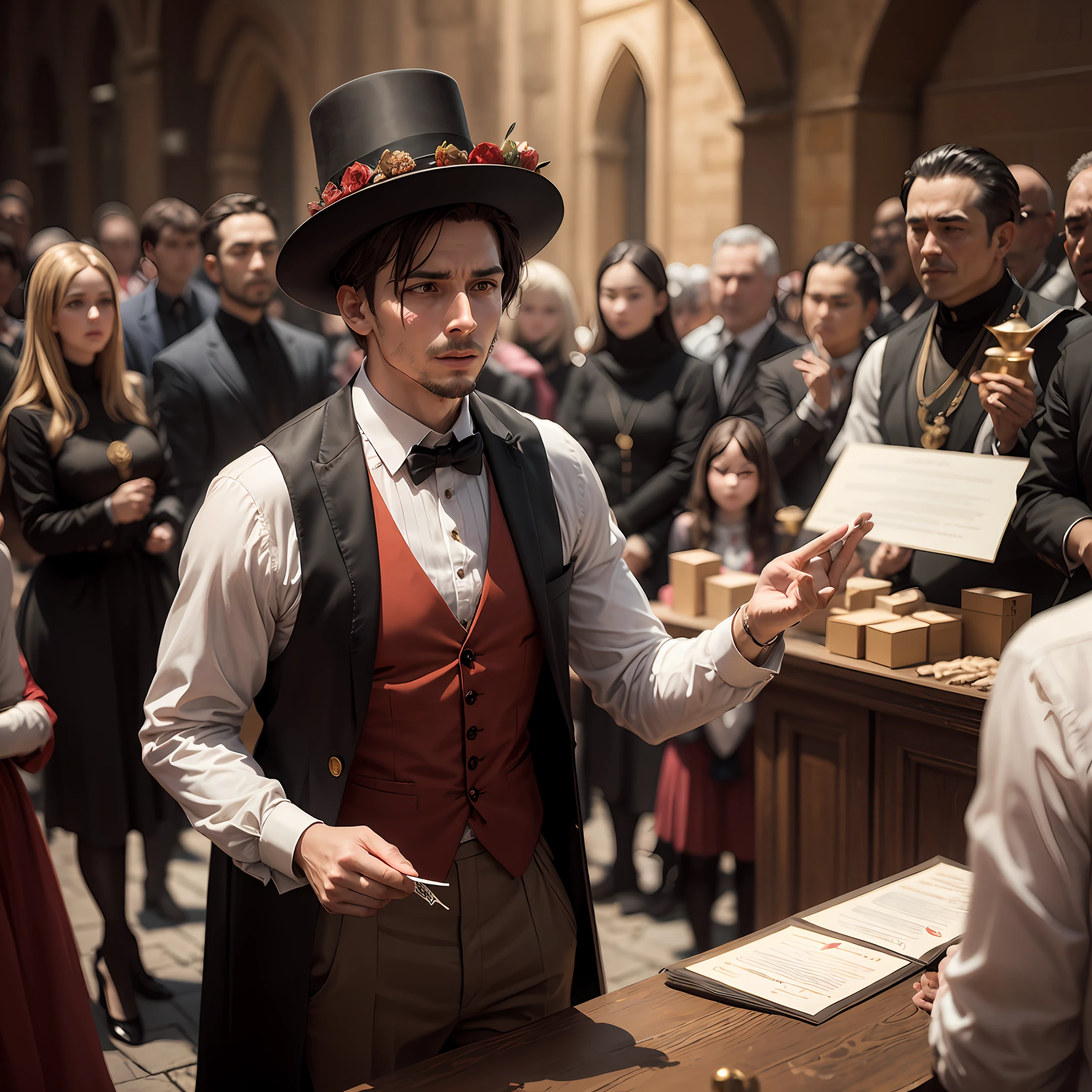 a magician performs in front of the public and is watched by many people, a medieval atmosphere