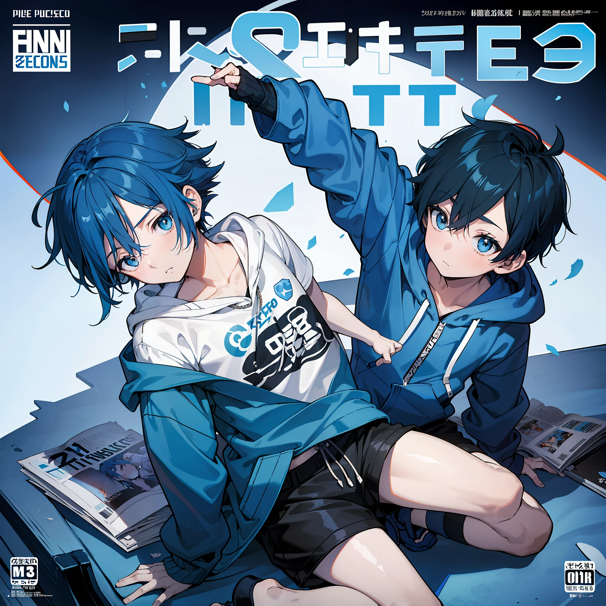 masterpiece, best quality, full body, (1boy), (blue hoodie), (Boy Messy Japanese Round Haircut for Thick Hair), (blue hair), black shorts, (solo), (magazine:1.3), (cover-style:1.3), fashionable, pokemon,