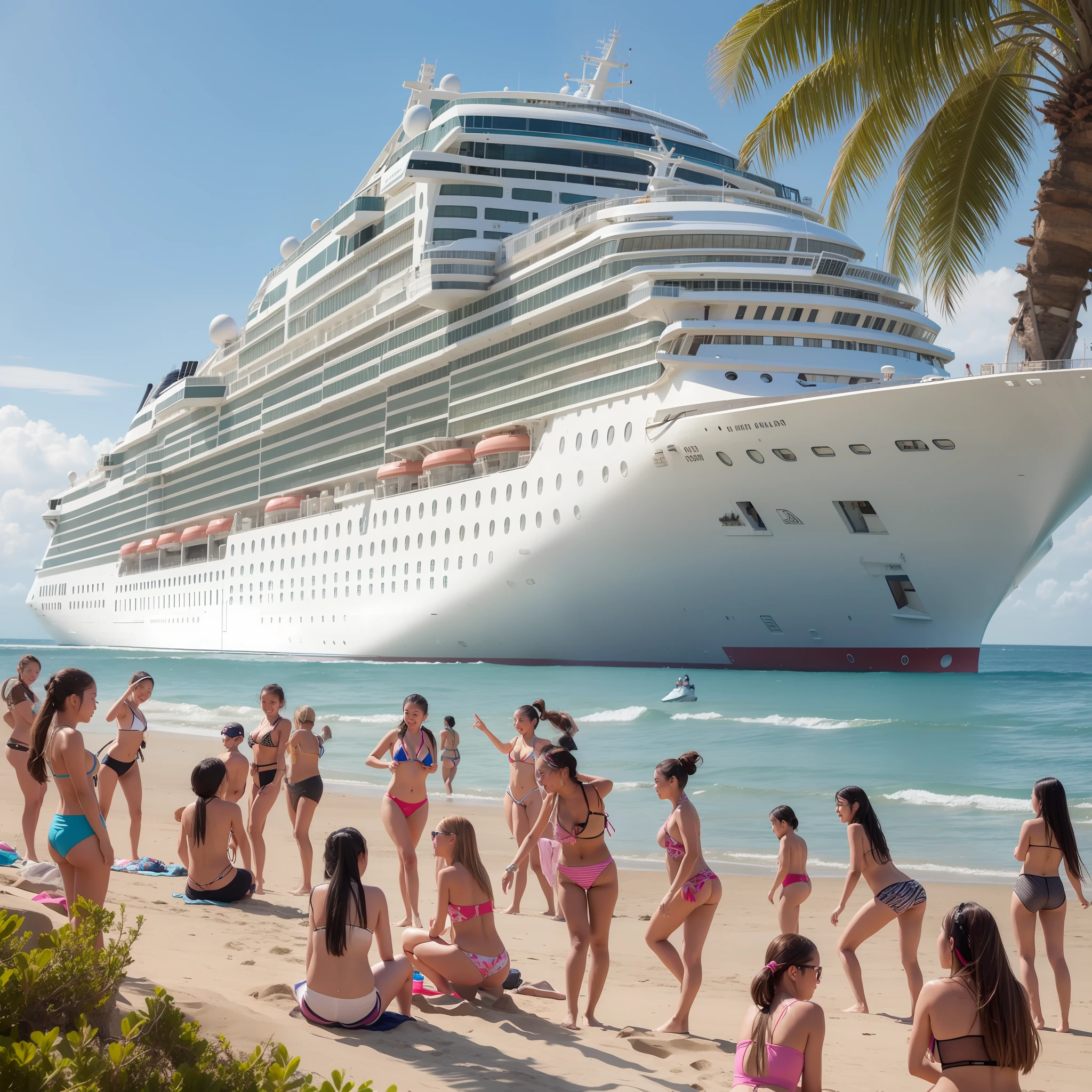 Long-haul large cruise ships，Seven junior high school girls in bikinis play on the resort's beach