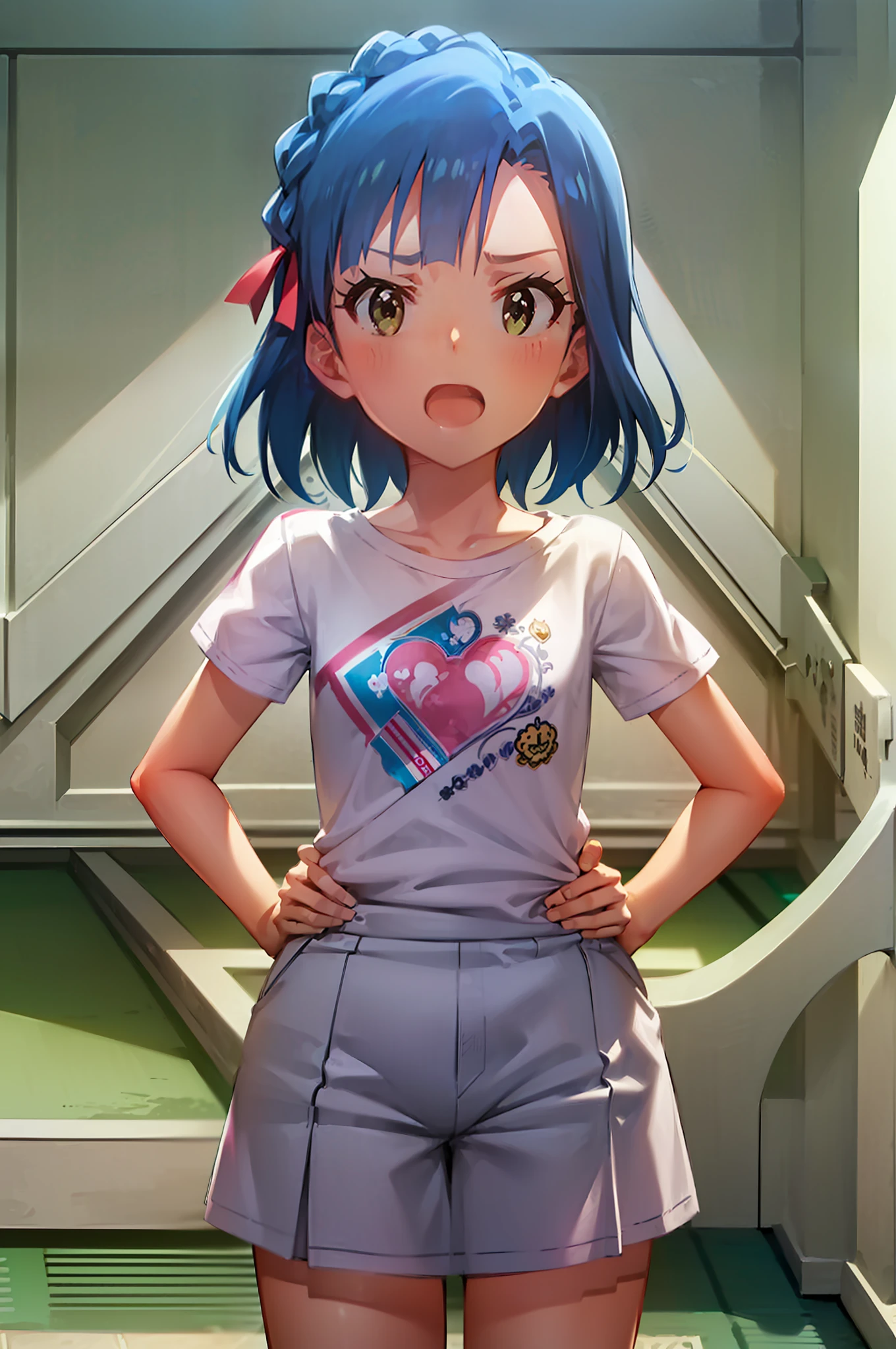 yuriko nanao (million live). Short stature. (((white t-shirts))).Skirt.(((masterpiece))).(((best quality))).((Ultra-detailed))).(((illustratio))). (((put hands on the hip))).(((a room))).(((make a fist))).(((up chest))).Despair face.(((short-hair))).((Medium chest)).((Opening Mouth)).