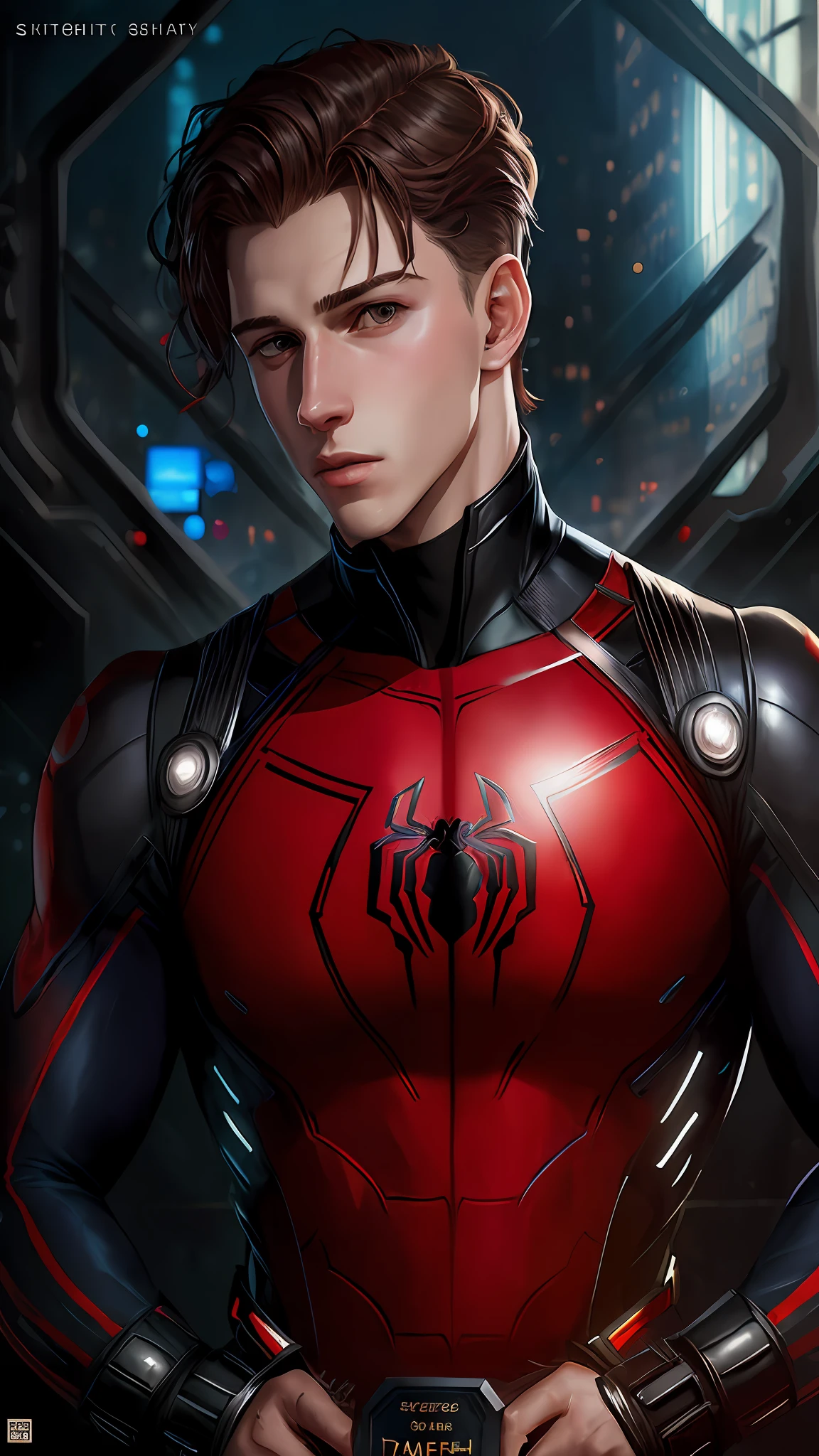 (Award Winning Digital Artwork:1.3) of (Sketch:1.3),(Energetic:1.3), TomHolland,CGSociety,ArtStation,(Saturated:1.3),(close portrait:1.3),(Masculinine:1.4),(beautiful:1.4),(attractive:1.3),handsome,calendar pose,perfectly detailed eyes,studio lighting, Spider web thematic background