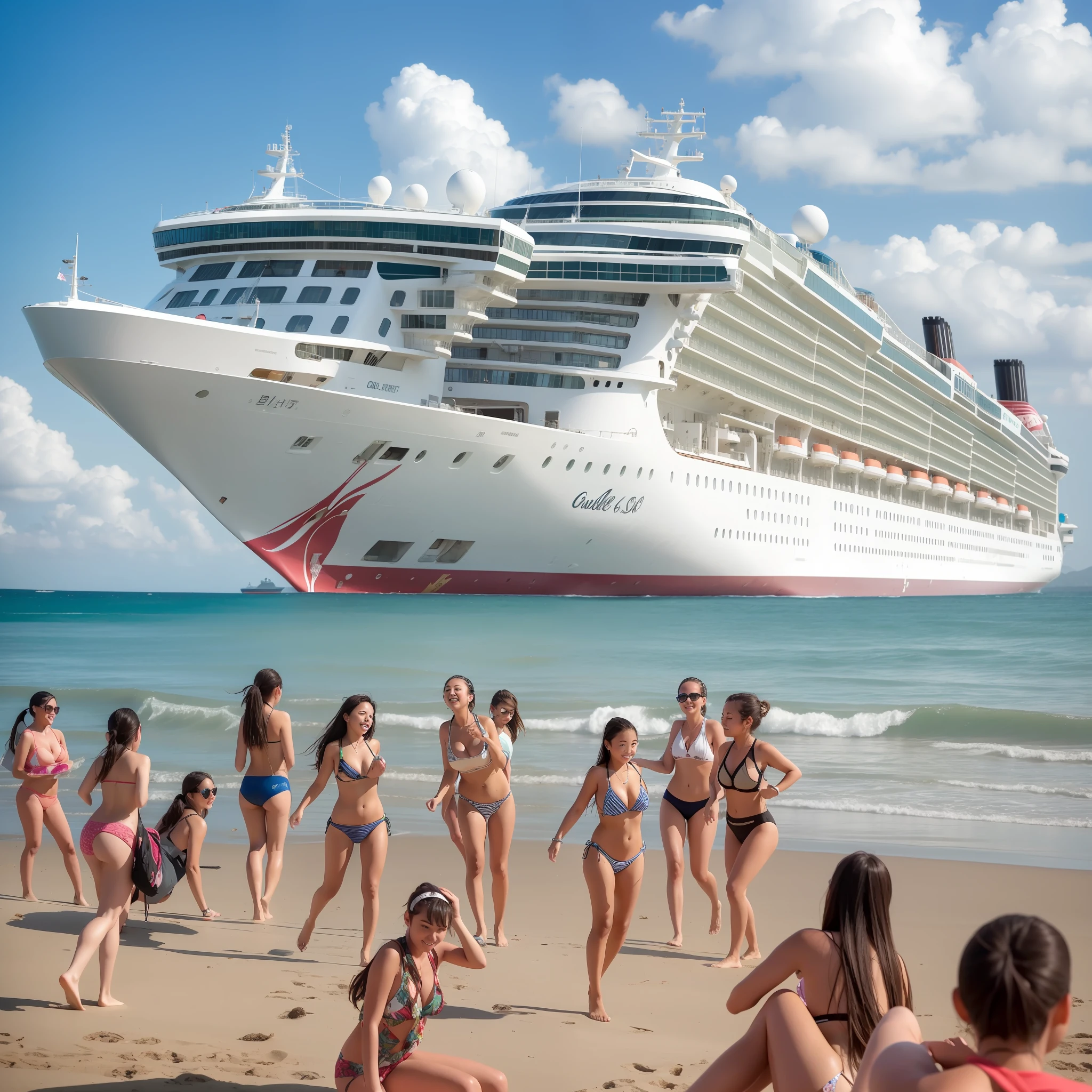 Long-haul large cruise ships,Seven junior high school girls in bikinis play on the resort's beach