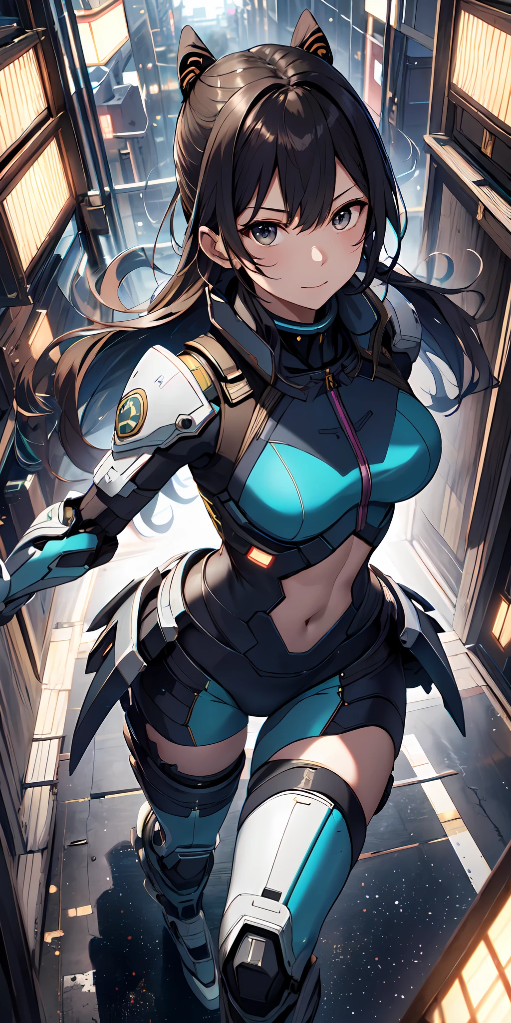 城市， A high resolution, (巨作:1.4), A highly detailed, 1girll, From above, space, Running, Killing City Combat Suit, Sharp focus, (Cinematic lighting), (1girll), Slight smile，The 5 fingers of each hand are very detailed，