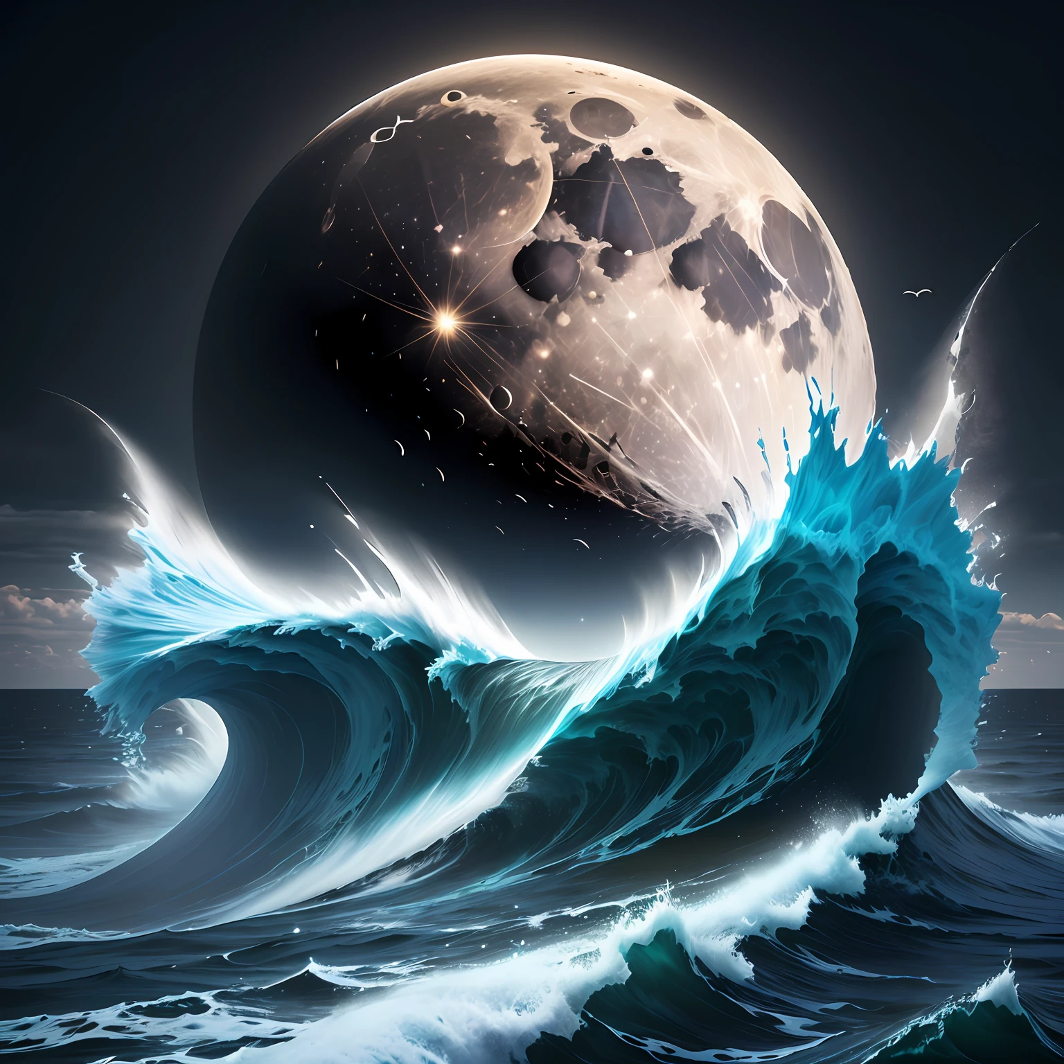 Dark black sky，3D，All kinds of birds，Very shocking picture，Very beautiful picture，The sea is choppy，High hills，The moon or the moon