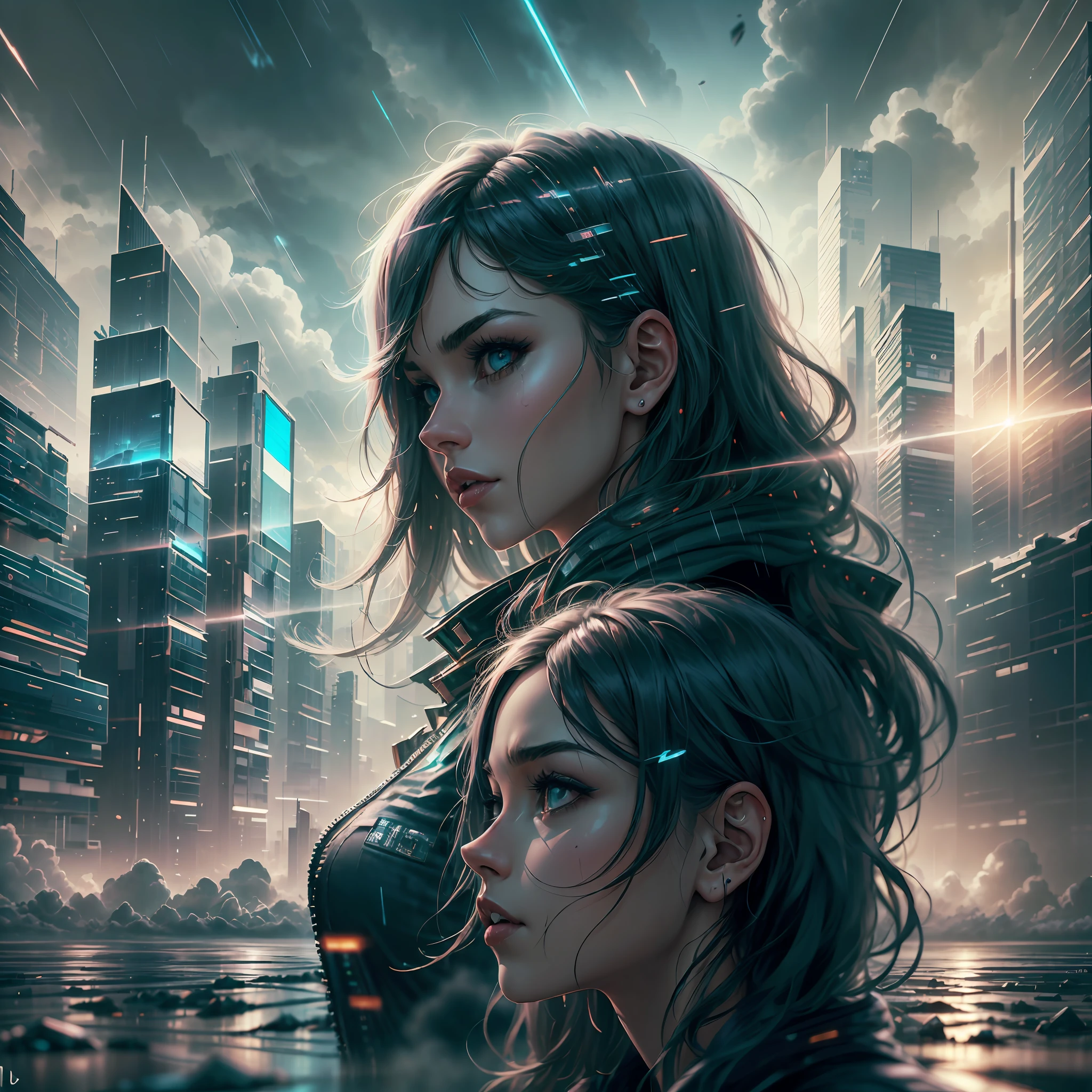 cyberpunk [nebulous cityscape in the distance: very pretty girl, city: 0.33] immersed in a giant stream of wind, living in a cloud of thunder, behind the cloud, (double exposure: 1.3), photo by Brandon Woelfelmist, surreal dream, gray atmosphere, rainy day, dynamic, lut, hdr --auto --s2