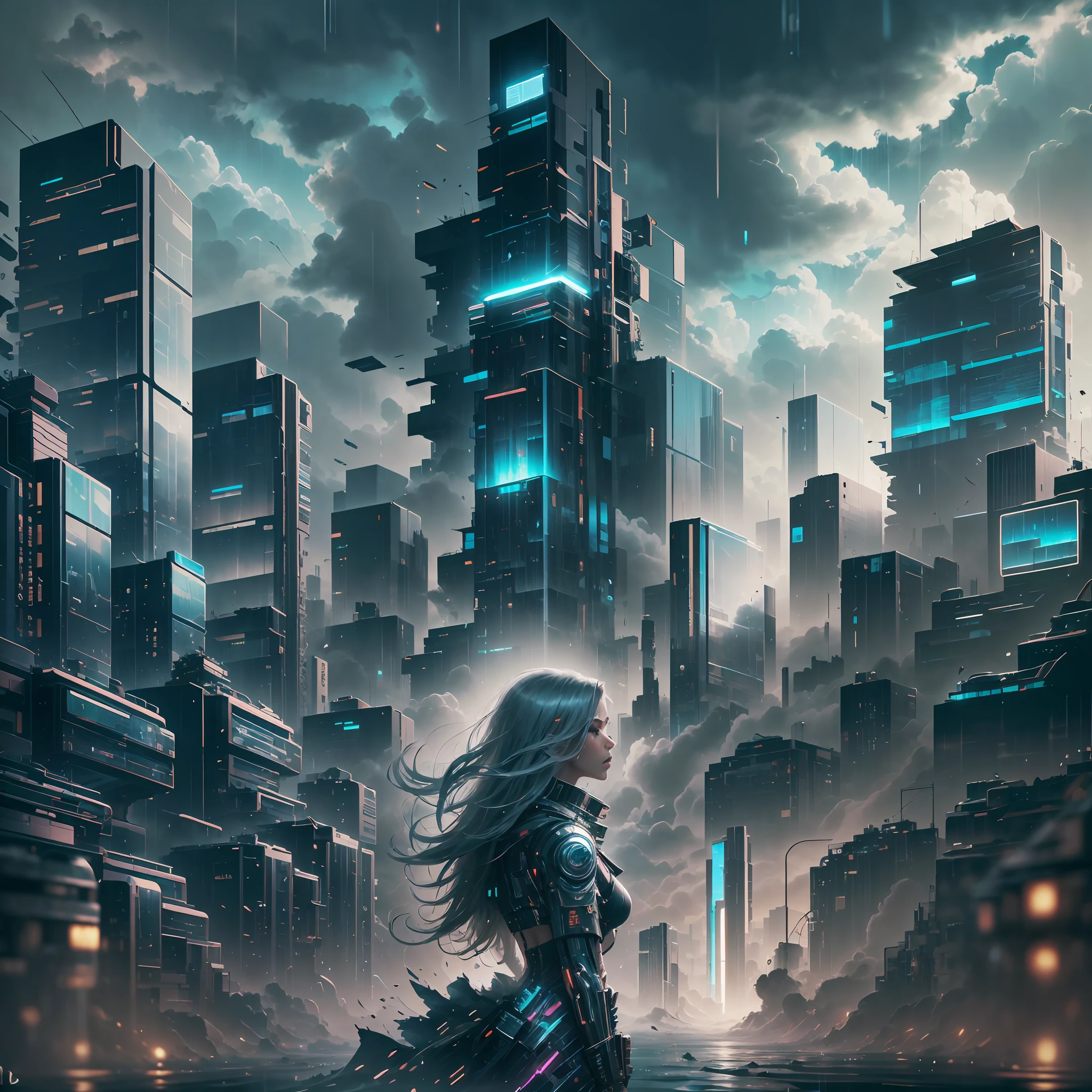 cyberpunk [nebulous cityscape in the distance: very pretty girl, city: 0.33] immersed in a giant stream of wind, living in a cloud of thunder, behind the cloud, (double exposure: 1.3), photo by Brandon Woelfelmist, surreal dream, gray atmosphere, rainy day, dynamic, lut, hdr --auto --s2