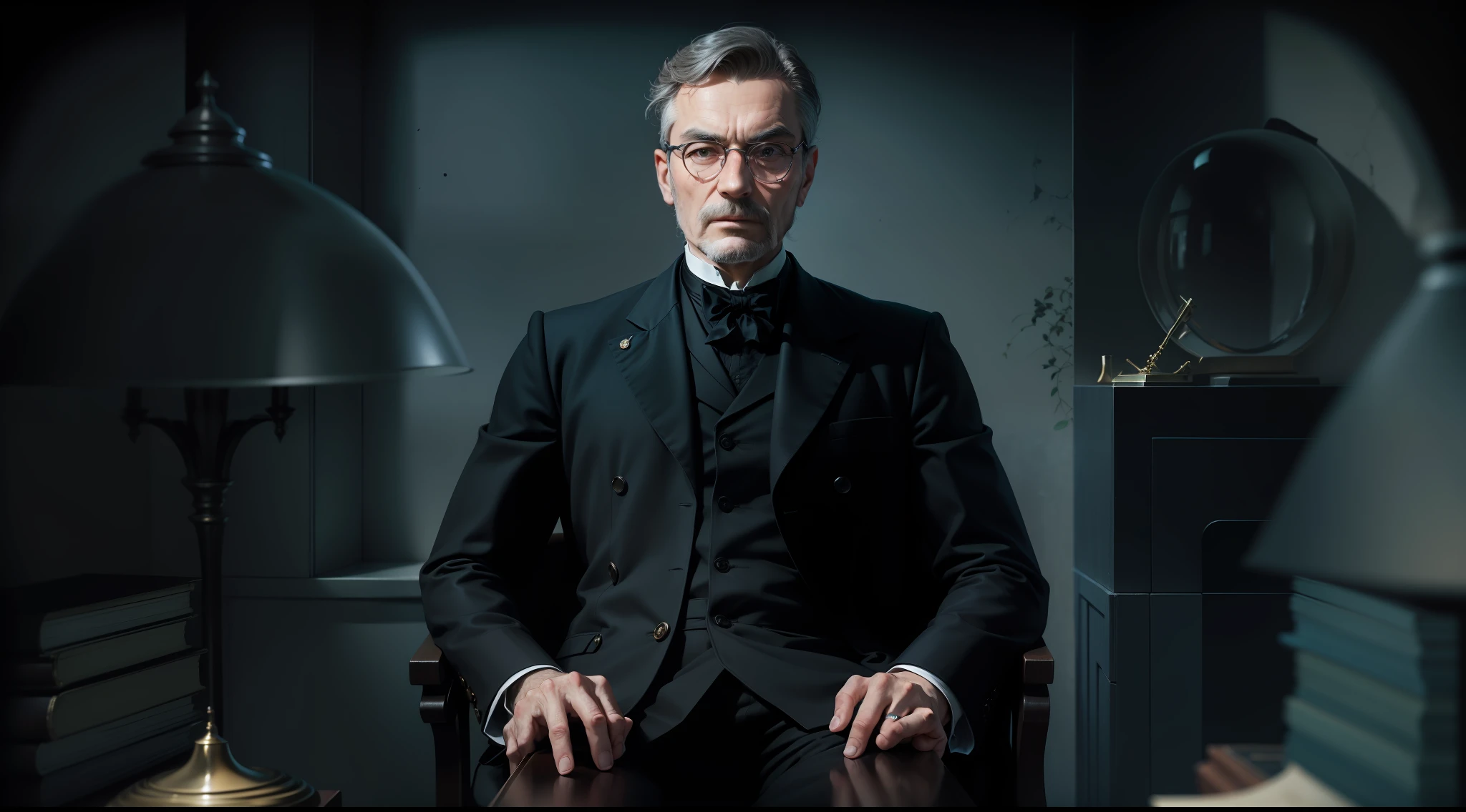 um homem de terno e gravata, inspired by István Nagy, inspired by István Árkossy, inspired by Hugo Kārlis Grotuss, alvar aalto, Henrique Berthaut, inspired by Adolf Fényes, Stanislaw Szukalski, Close portrait, dark backdrop