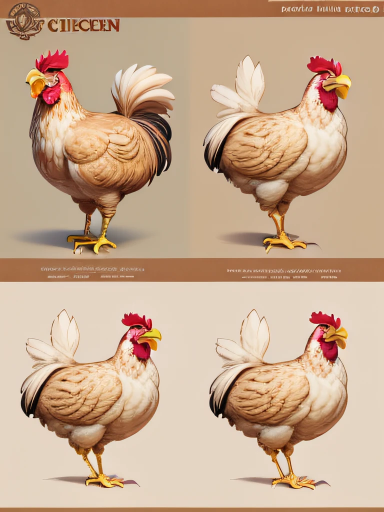 "Illustrate a detailed and visually appealing reference sheet for a chicken character, showcasing its various features and attributes."