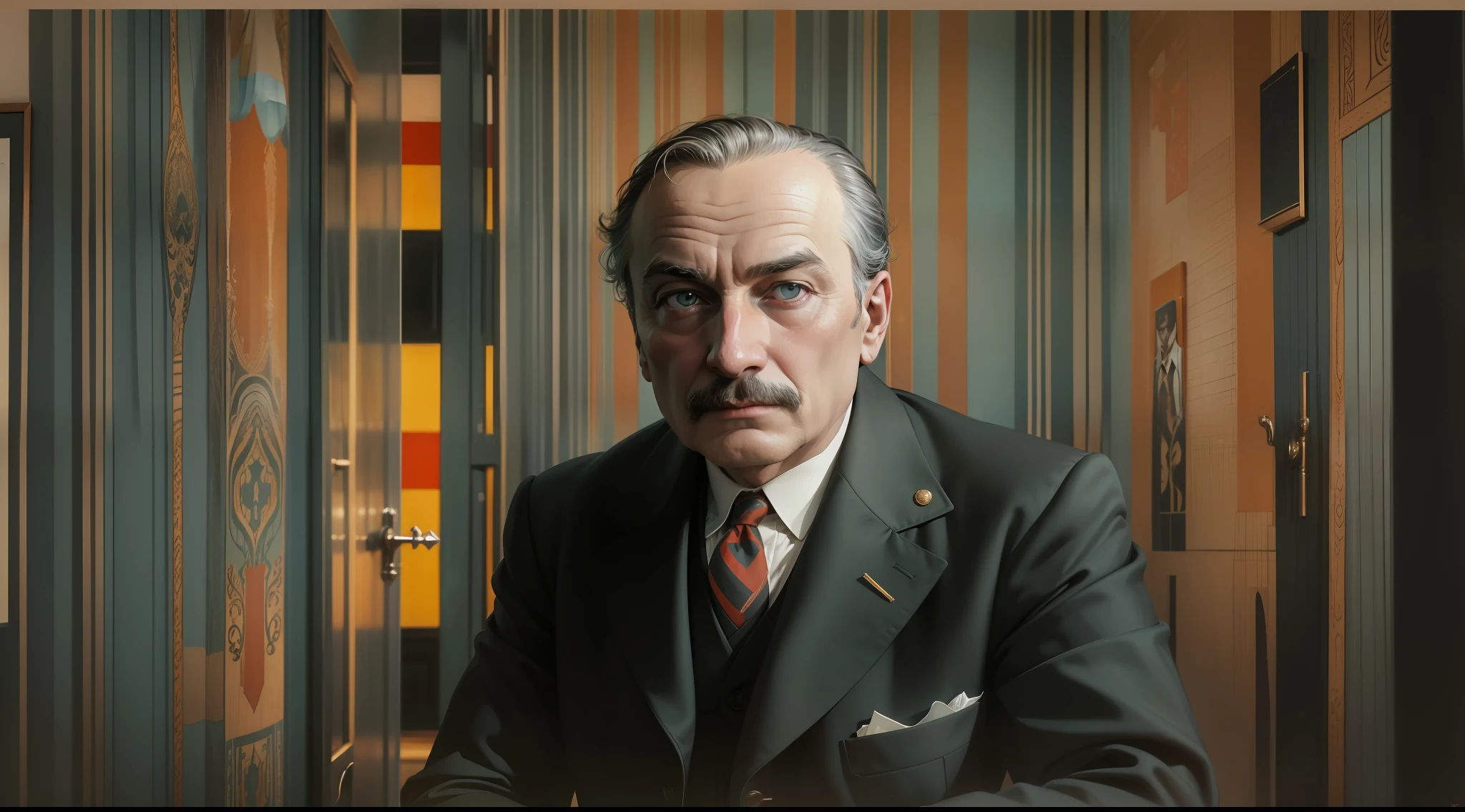 uma foto colorida de um homem de terno e gravata, inspired by István Nagy, inspired by István Árkossy, inspired by Hugo Kārlis Grotuss, alvar aalto, Henrique Berthaut, inspired by Adolf Fényes, Stanislaw Szukalski, Close portrait, dark backdrop