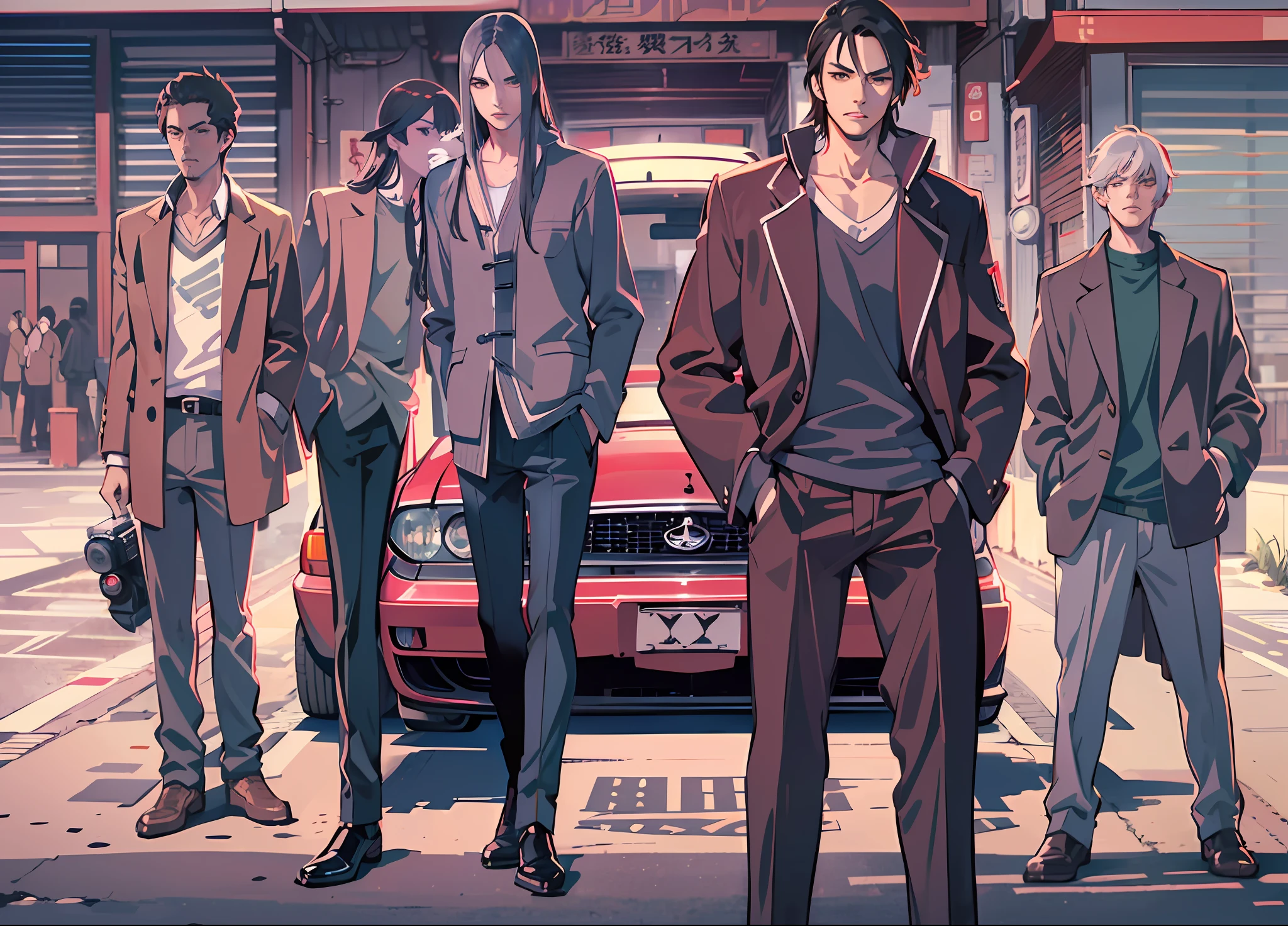 Five Yakuza, (High detailed face), (Perfect face,) Cinematic Long shot Camera, ((((Camera Long shot)))), art style, Ground Level Camera, (Perfect eye), Dangerous, bad Ass, standing in front of the car, epic, male, Anime style, vector illustration, (((Ghibli studio))), Makoto Shinkai, Color full --auto