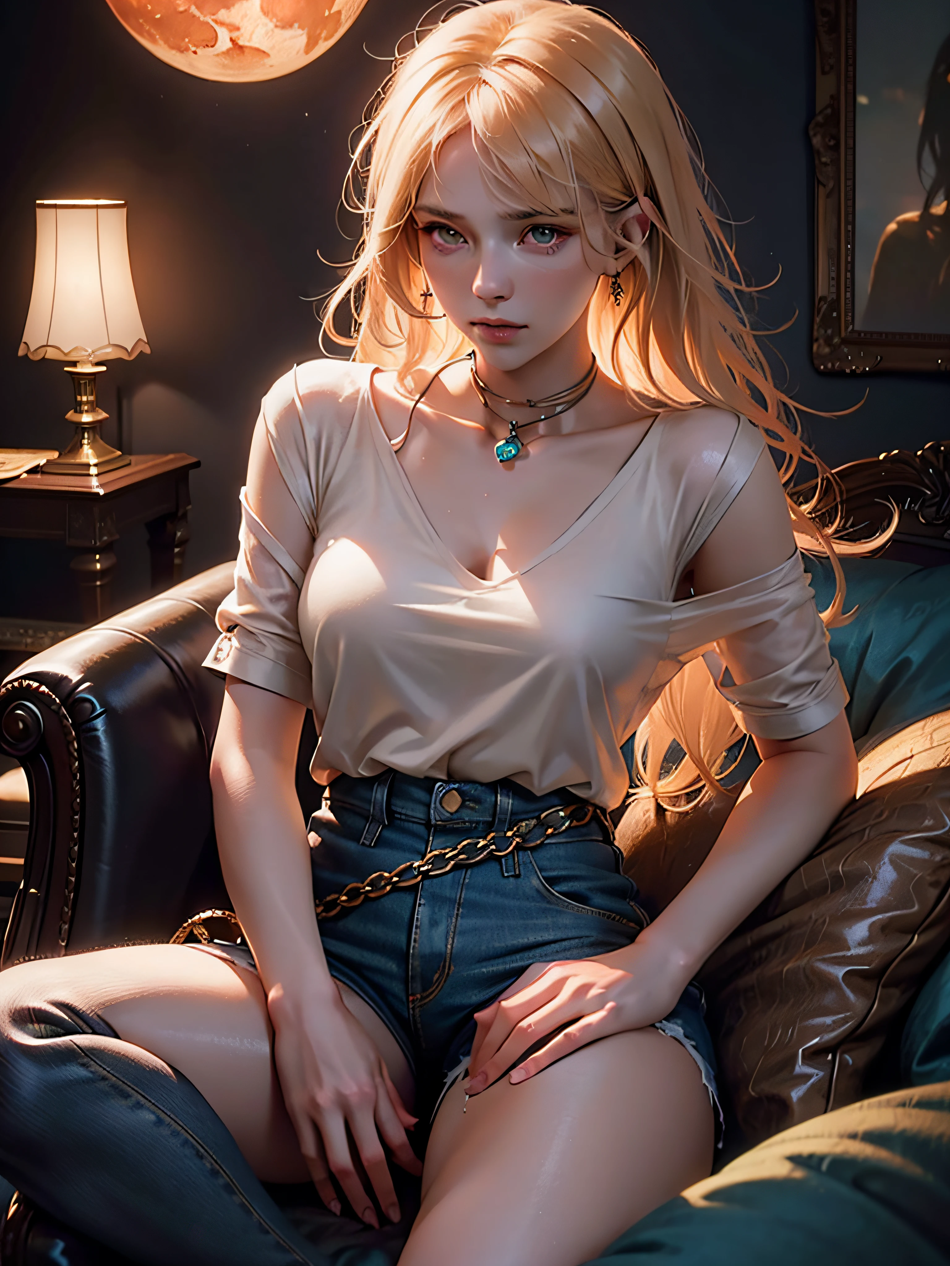 Beautiful Blond female portrait, unreal engine, greg rutkowski, loish, rhads, beeple, makoto shinkai and lois van baarle, ilya kuvshinov, rossdraws, tom bagshaw, alphonse mucha, global illumination, detailed and intricate environment
a beautiful gentle woman, gorgeous with pale skin, silky flowing hair, cotton shirt and shorts, cream bronze cyan copper, sitting, red moon, ultra realistic, Shadow play, light play, perfect focus, flirty, happy, light, mist, moody, earthy, vivid, glossy, cinematic, Film light, Hyper detailed, Hyper realistic, masterpiece, Vibrant, High contrast, dark angle, atmospheric, High resolution, Vibrant, High contrast, dark angle, art by Koos Roos, 8k, HDR, 500px