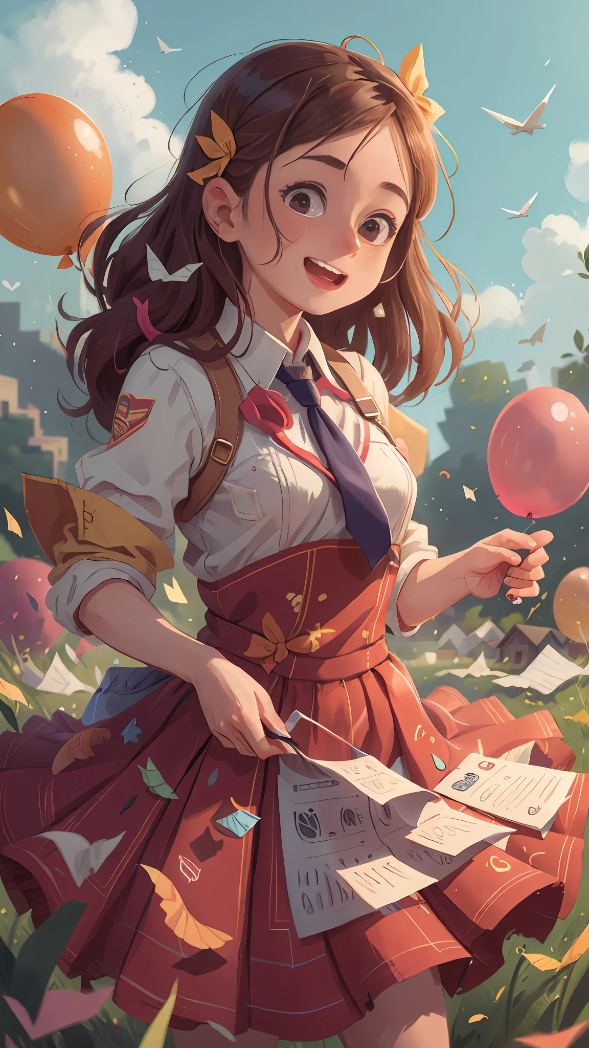 A girl with a paper airplane,There are colorful balloons floating in the sky,grassy fields,Dance,Holding a paper airplane,cheerfulness,Rejoice,Perfect quality,Clear focus(Clutter - home:0.8), (tmasterpiece:1.2) (realisticlying:1.2) (Bokeh) (best qualtiy) (detailedskin:1.3) (complexdetails) (8K) (detailedeyes) (Sharp focus),(having fun)