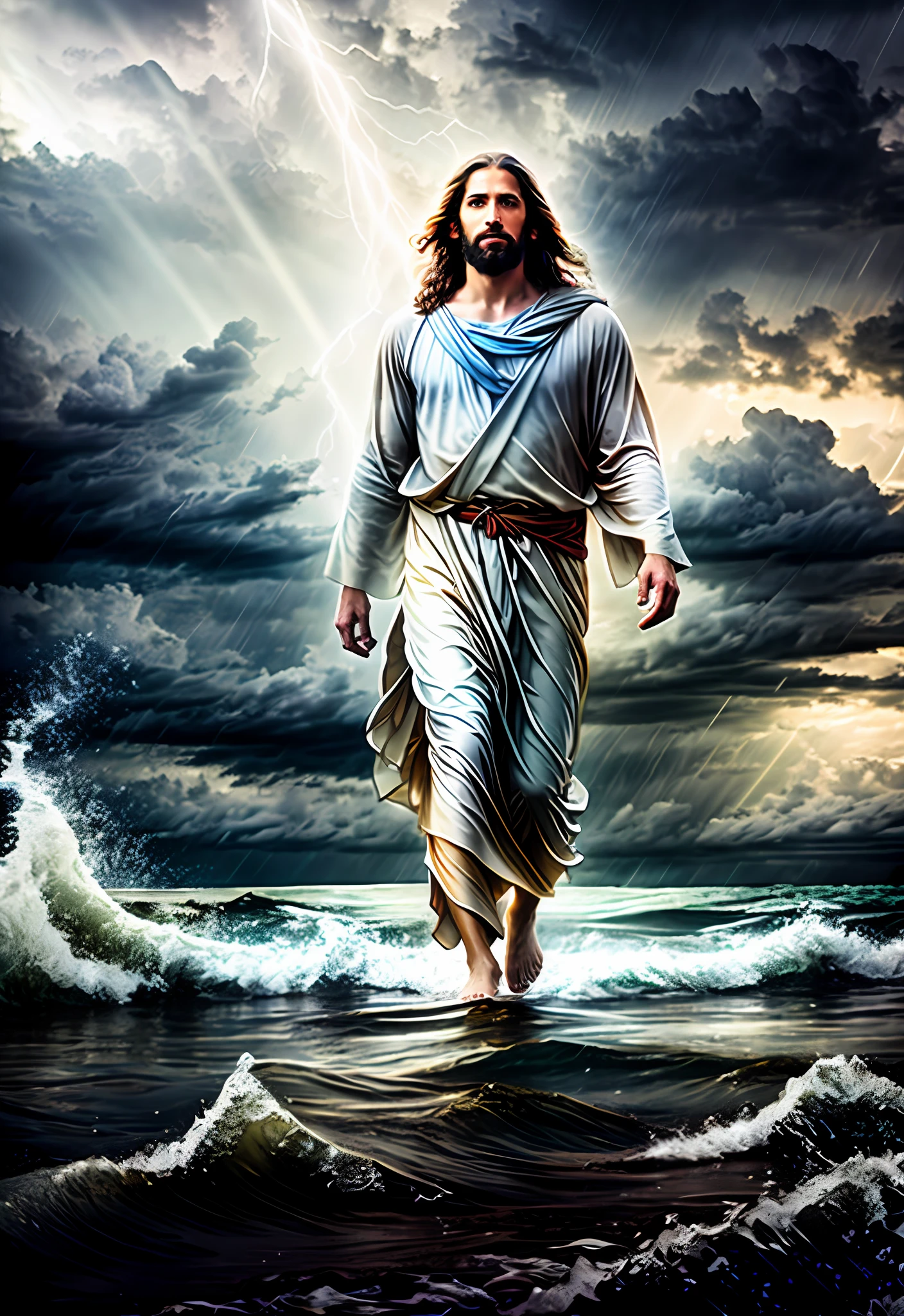 Portrait of Jesus walking on water in a storm, gentle expression, streaks of light coming down from the sky, depth of field, HDR, bloom, chromatic aberration, realistic, very detailed, complex, high detail, dramatic, volumetric lighting