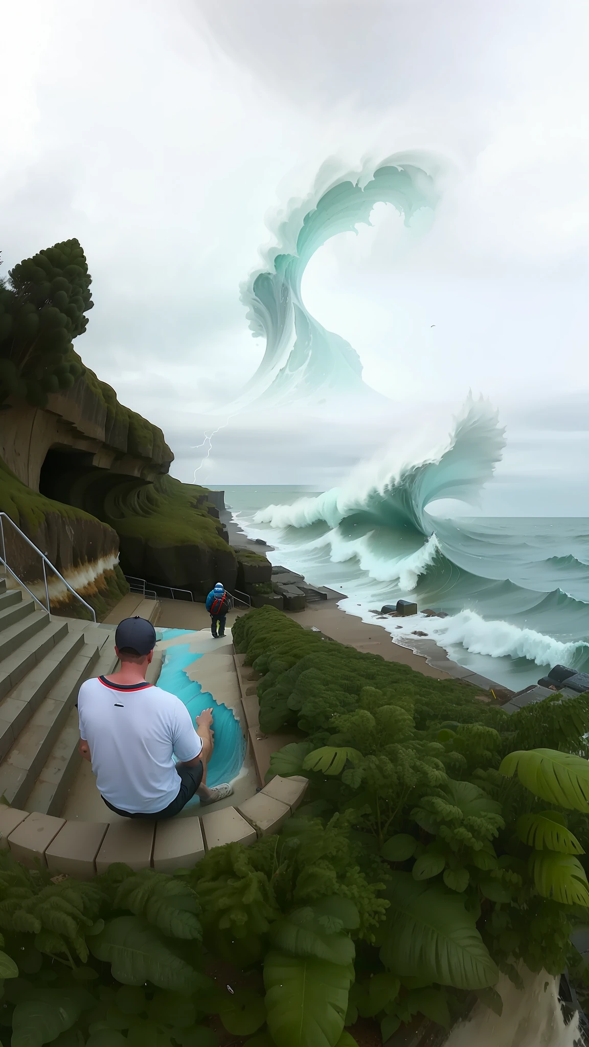 fpv shot, seashore storm, giant waves, alien green plants, obelisk stairs
