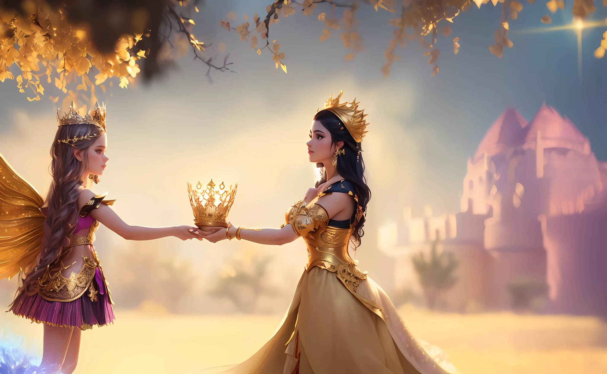There are two girls dressed in costumes holding hands, beautiful render of a fairytale, usando uma coroa dourada, usando coroa dourada, vestindo enorme coroa dourada, com uma coroa de ouro, uma bela imperatriz fantasia, Rainha elfa bonita e elegante, (octan render) estilo fantasia, Fantasy Style 8k Octane Rendering, fundo estilo conto de fadas, princesa feminina bonita, gilded lotus princess