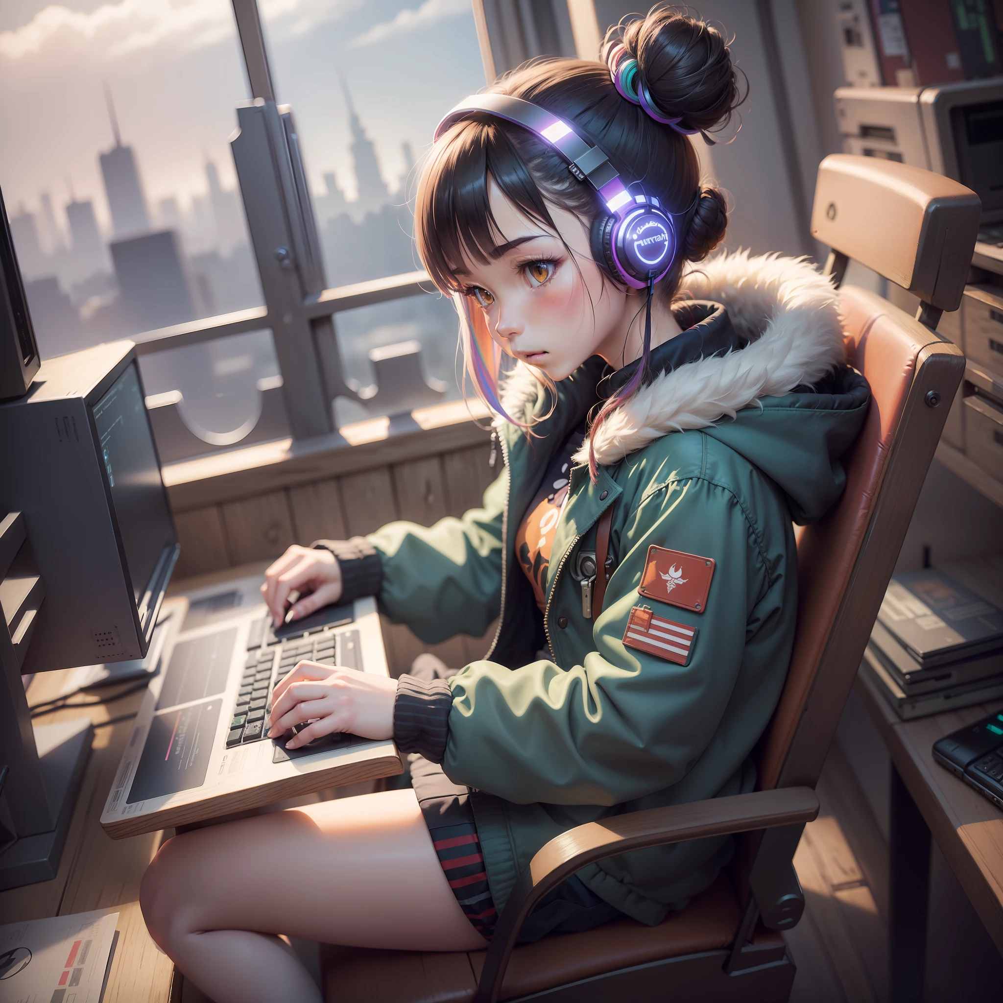 Masterpiece, Best Illustration, Solo, 1 Girl, Seated, Bun, Keyboard \ (Computer \), Fur Decoration, Computer, Monitor, Hood, Jacket, Hood Down, Chair, Headphones, City, Double Bun, Instrument, Cyberpunk, A Small Wooden Toy, \((Intricate Details\)\), Color Details, Rainbow Color BREAK, \(\(Masterpiece Best Quality\)\), 4K, Hyperdetail, Detailed Lighting, \((Inspired by Hayao Miyazaki), Official Art, Propaganda Art, Composition,