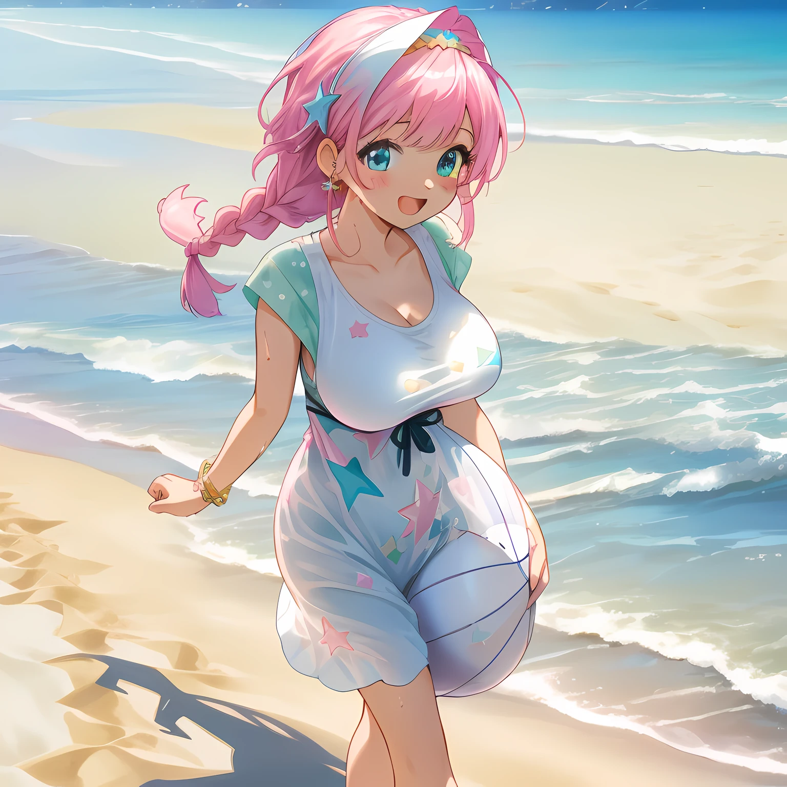 (Highly detailed CG Unity 8k wallpaper), (Best Quality), (Super Detail), (Best Illustration), (Best Shadow), POV, Realistic lighting and shading, Natural light, Lens flare effect, break 1 beautiful girl, Solo,(cute:1.5),(Chibi:0.8), (kawaii:1.5),(:0.5),(17 girl:1.0),{heterochromia,pale blue eyes,pale green eyes:1.5},star eye silhouette, break , (Pink hair, Medium length:1.2), (Braided hairstyle:1.1),(large breasts:1.5),break, (wet casual beach clothing:1.2), (lightweight summer one-piece dress:1.2), (a straw fedora hat:1.0), (flipflops:1.0), (star-shaped earring:1.1), (Lace headband:1.0), (Cute accessories:1.3), (self-satisfied look :D:1.1), (Casual pose, walking:1.3), (Beach background:1.3), (Holding a beach ball:1.1), break,🌇,