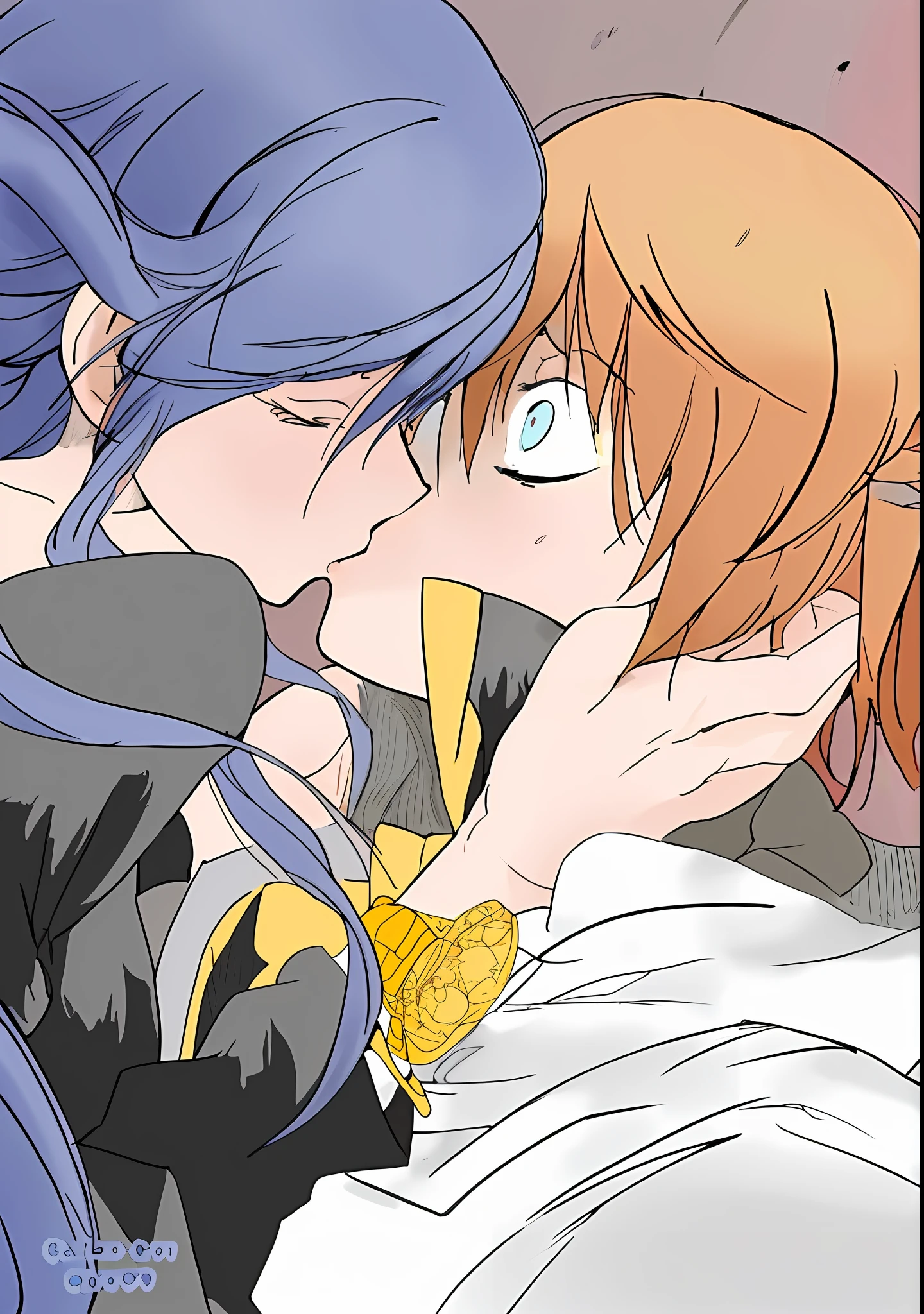 anime couple kissing in bed with a blanket and a blanket, kissing together cutely, colored lineart, coloured in blueberra and orange, coloured lineart, kissing together, kissing each other, fully colored, coloured line art, kiss, zerochan art, kissing, zerochan, digitally colored, coloured manga scan, detailed fanart, high quality fanart, full colored