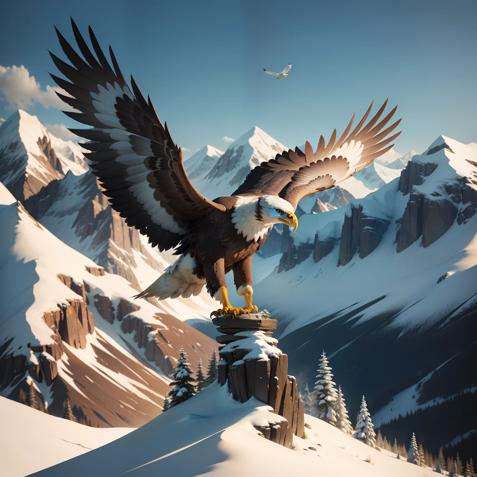 "Create a t-shirt print with a nature and wildlife theme. Use vibrant colors and include a majestic eagle flying over snow-capped mountains."