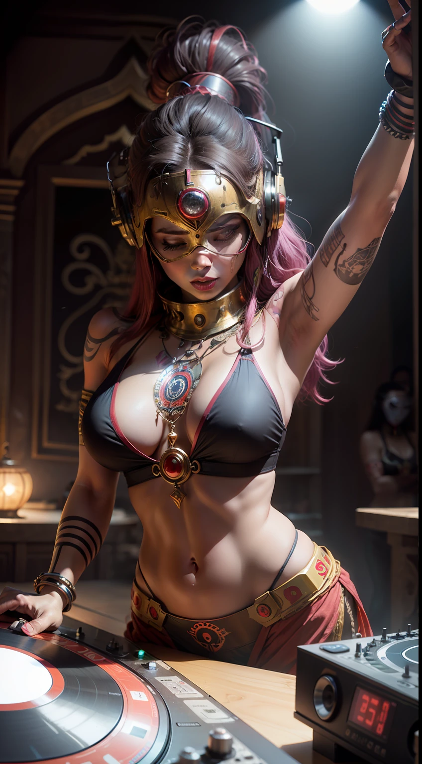 Tantric priestess woman with tattoos and percings and an ironman mask mixing music on a DJ turntable in a Hindu temple Ultra-realistic photo