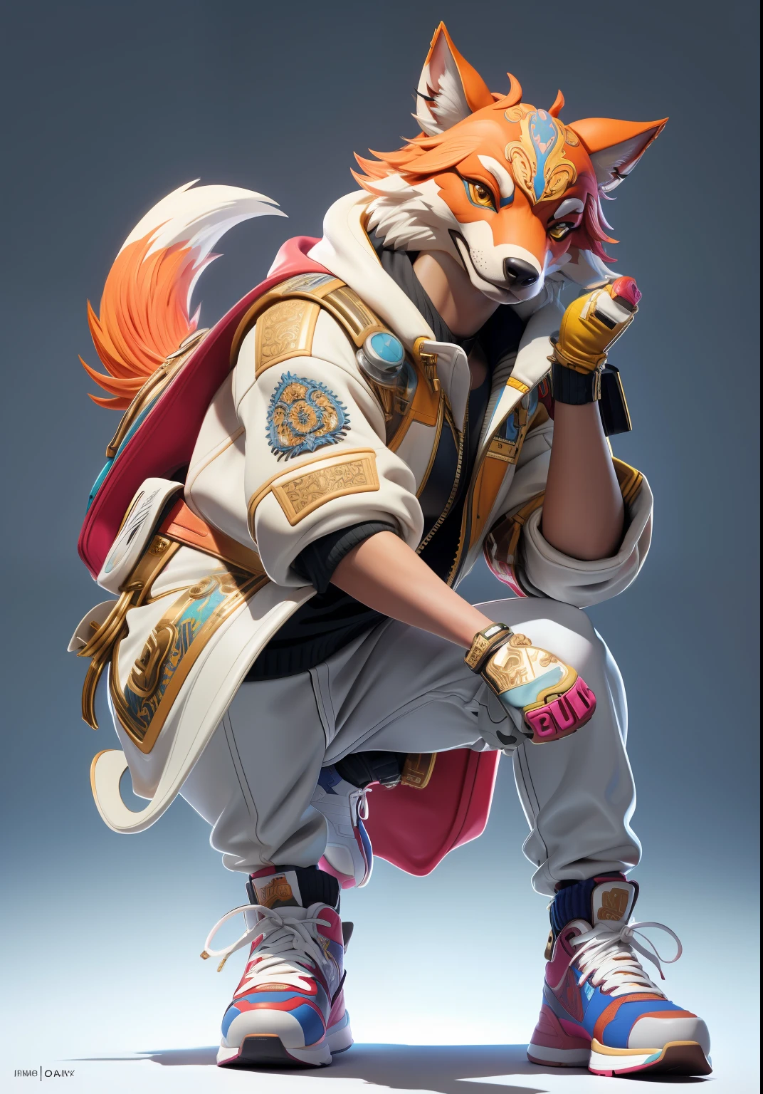 (dynamic pose:1.2),(dynamic camera),In the style of a fashion shoot, a photo of an anthropomorphicwolf, wearing large hiphop clothes from 1980s and sneakers, fantasy, insanely detailed and intricate, hypermaximalist, elegant, hyper realistic, super detailed (natural colors, correct white balance, color correction, dehaze,clarity),vivid colours,absurdres,intricate,3d,
3DMM,