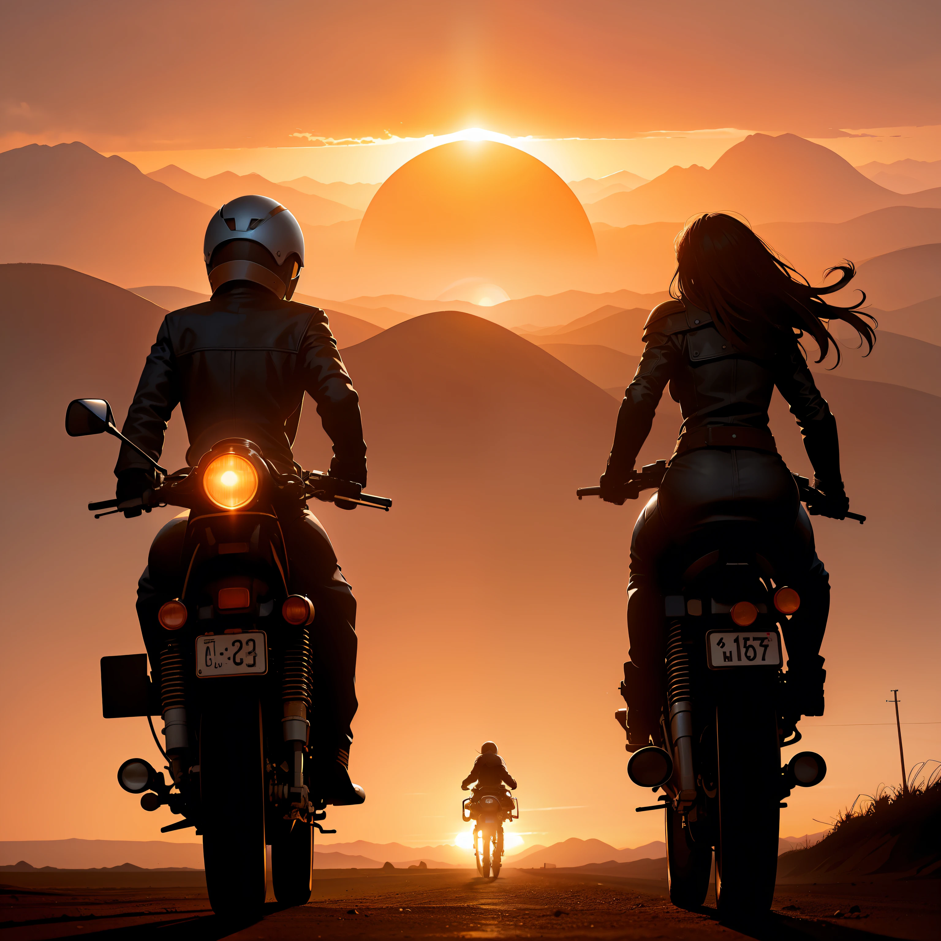 Two man and a woman Riders of the Time riding side by side on two cool motorcycles into the dusty cloudy orange sunset in a desolated valley on a path leading to a futuristic city scape on the horizon into a large dome of clear blue sky. camera from behind