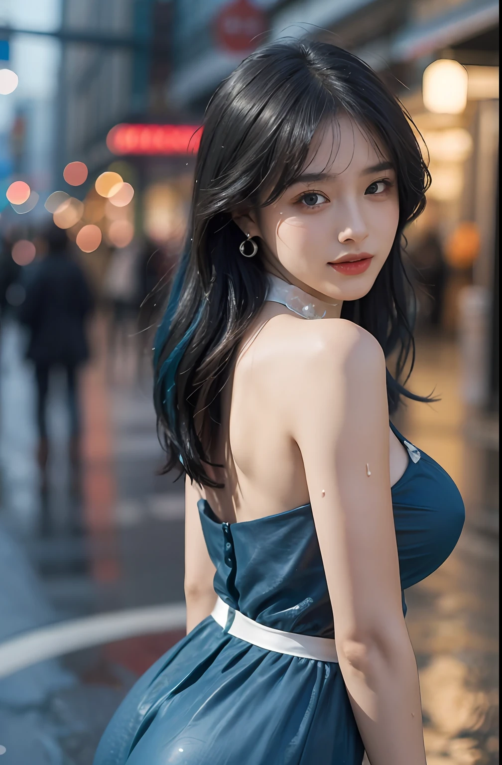 （（jon，blue hairs））， randome pose， （An extremely delicate and beautiful work）， （tmasterpiece）， 1girll， Extremely delicate and elegant blue dress， highly  detailed， long whitr hair， Enchanted smile， beautiful and clear eyes，Beautiful buttocks， delicatenecklace， Delicate earrings， Simple blurred background， Extreme detail description， big breasts beautiful， big breasts enchanting， Hyperdetailed painting， s delicate face， exquisite body， fine collar bone，lovely lips， Behind the softness， mix4，（8K， RAW photos， best qualtiy， tmasterpiece：1.2）， （realisticlying， photograph realistic：1.4）， 1girll， adolable， Wet streets， the night， Sateen， dampness， profesional lighting， photon maping， Radio City， physically-based renderingt， full bodyesbian