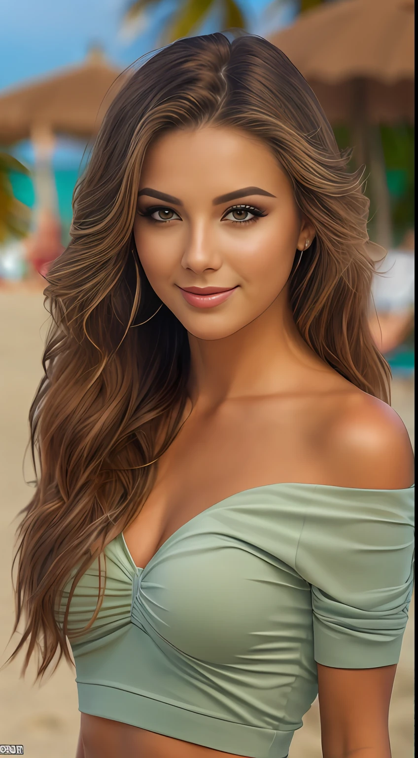 ((Vista de Cuerpo completo)), ((Buenas manos)), ((manos perfectas)), ((realismo)), ((vista frontal)), young beautiful woman, detailed face, makeup, SMILE TO CAMERA, beach, palms, high quality, ultra resolution, 8k, masterpiece, detailed, big tits, full bdy view.