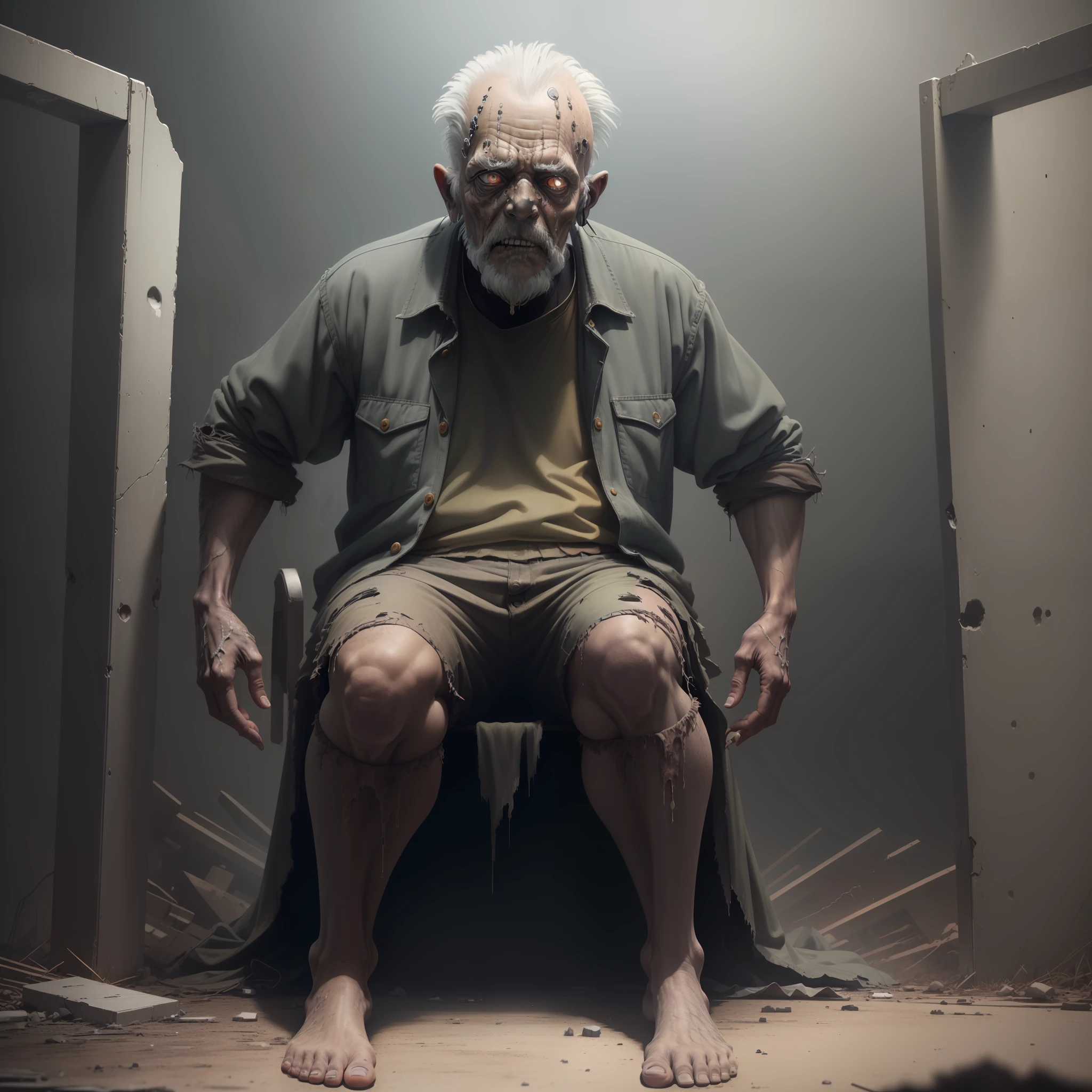 (Creepy zombie the old man is 70 years old extremely sad crying, sitting low with his legs folded in prison, rusty shackles:1.24) / Best quality, extremery best quality, masterpiece, realistic, intricate details, photorealistic, extremely intricate, highres, ultra highres, ultra detailed, ultra-detailed, absurdres, incredibly absurdres, extremely detailed, high quality, high resolution, hyperrealistic, ultra-realistic, hyper-detailed, top quality, best, fine detail, massive detail, Highly detailed, extreme detailed, highest detailed, high-res, absolutely resolution, reflection, refraction, hyperrealism / post-apocalypse, brutalism, gloomy atmosphere, dramatic, fantastic, deafening, epic /