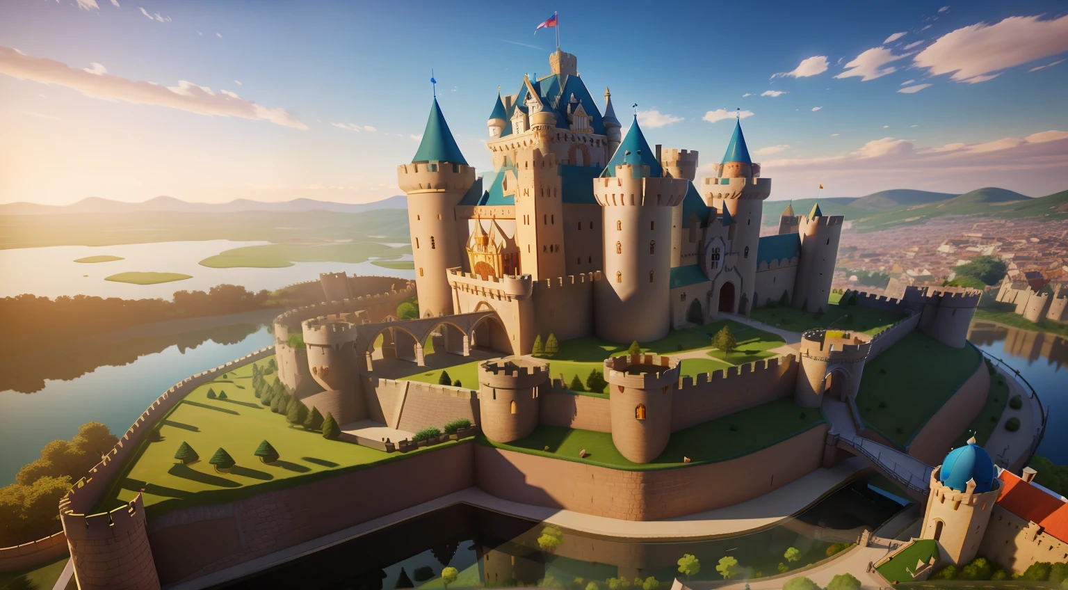 Castelo de Arafed com um fosso e uma ponte em uma colina, beautiful render of a fairytale, Castelo bonito, castelo medieval, Castelo da Fantasia, um castelo medieval, epic castle with tall spires, Castelo de Alta Fantasia, epic castle, fundo medieval do castelo, castelo futurista, Castelo medieval no fundo, 3D Mario 64 Castle Aerial View, paisagem da fantasia medieval, fundo do castelo