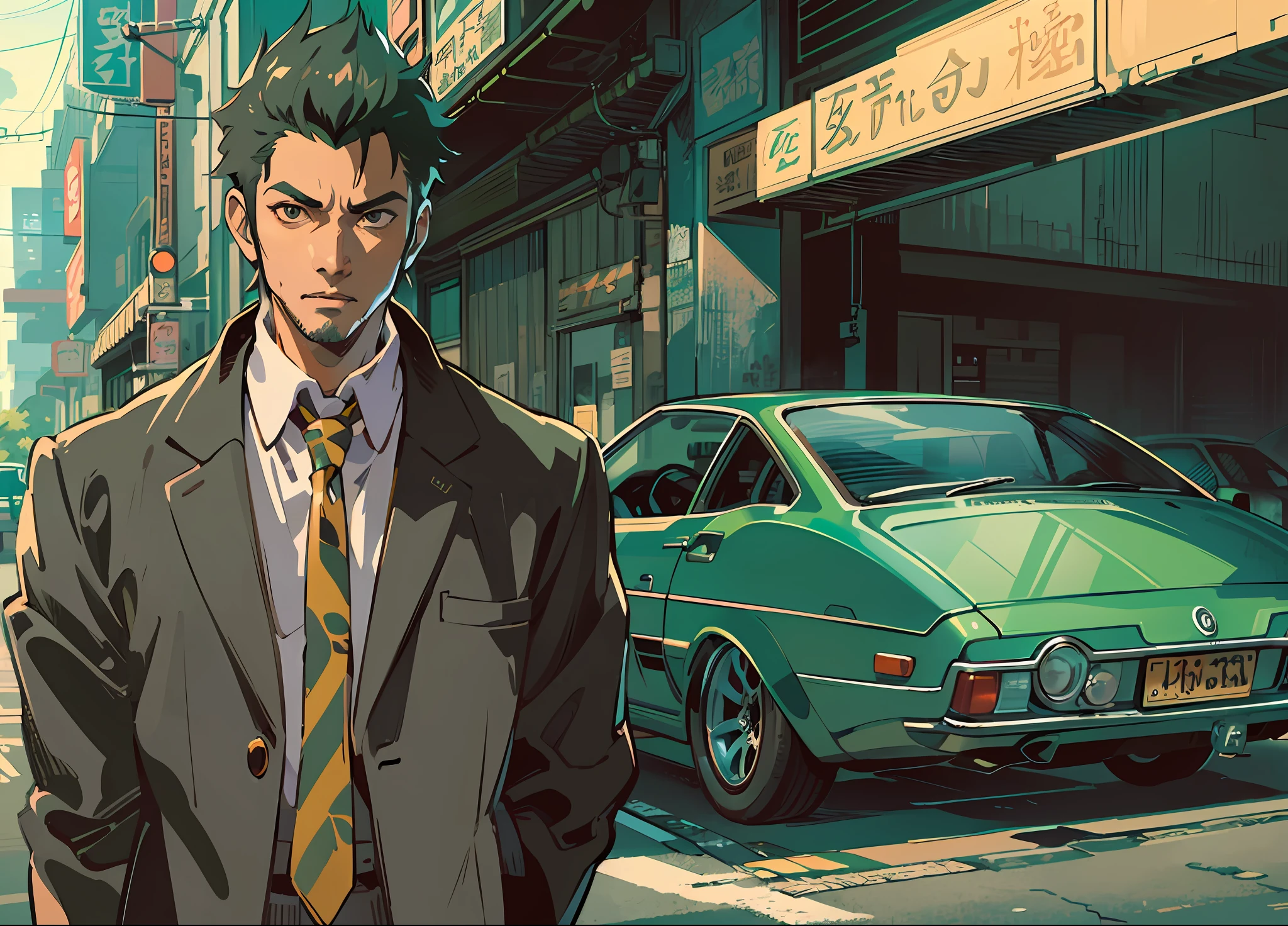 Five Yakuza, (High detailed face), (Perfect face,) Cinematic Long shot Camera, ((((Camera Long shot)))), art style, Ground Level Camera, (Perfect eye), Dangerous, bad Ass, standing in front of the car, epic, male, Anime style, vector illustration, (((Ghibli studio))), Makoto Shinkai, Color full --auto