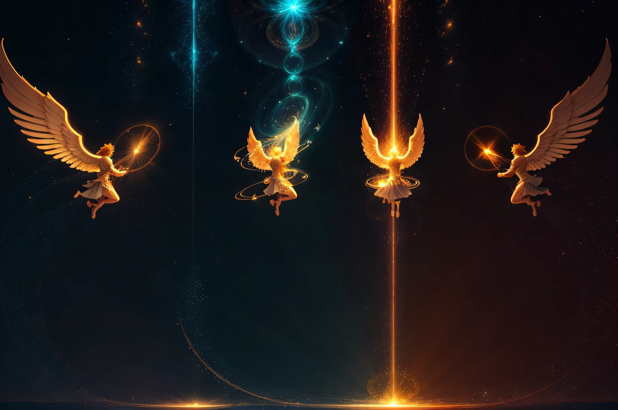 Create a dynamic and harmonious composition featuring three powerful MALE angels blowing on trumpets. Each angel should be positioned in a distinct angle, forming a triangular arrangement that symbolizes unity and divine purpose. The angels' expressions should convey determination and intensity, as if they are heralding an important message or event. The trumpets should be ornately designed, reflecting celestial craftsmanship, and their sounds should be visualized as radiant musical waves resonating in the air. The scene should be bathed in celestial light, illuminating the angels' radiant wings and creating a sense of divine presence. Through skillful use of colors, lighting, and attention to detail, capture the celestial splendor and awe-inspiring moment as these angels sound their triumphant call. --auto