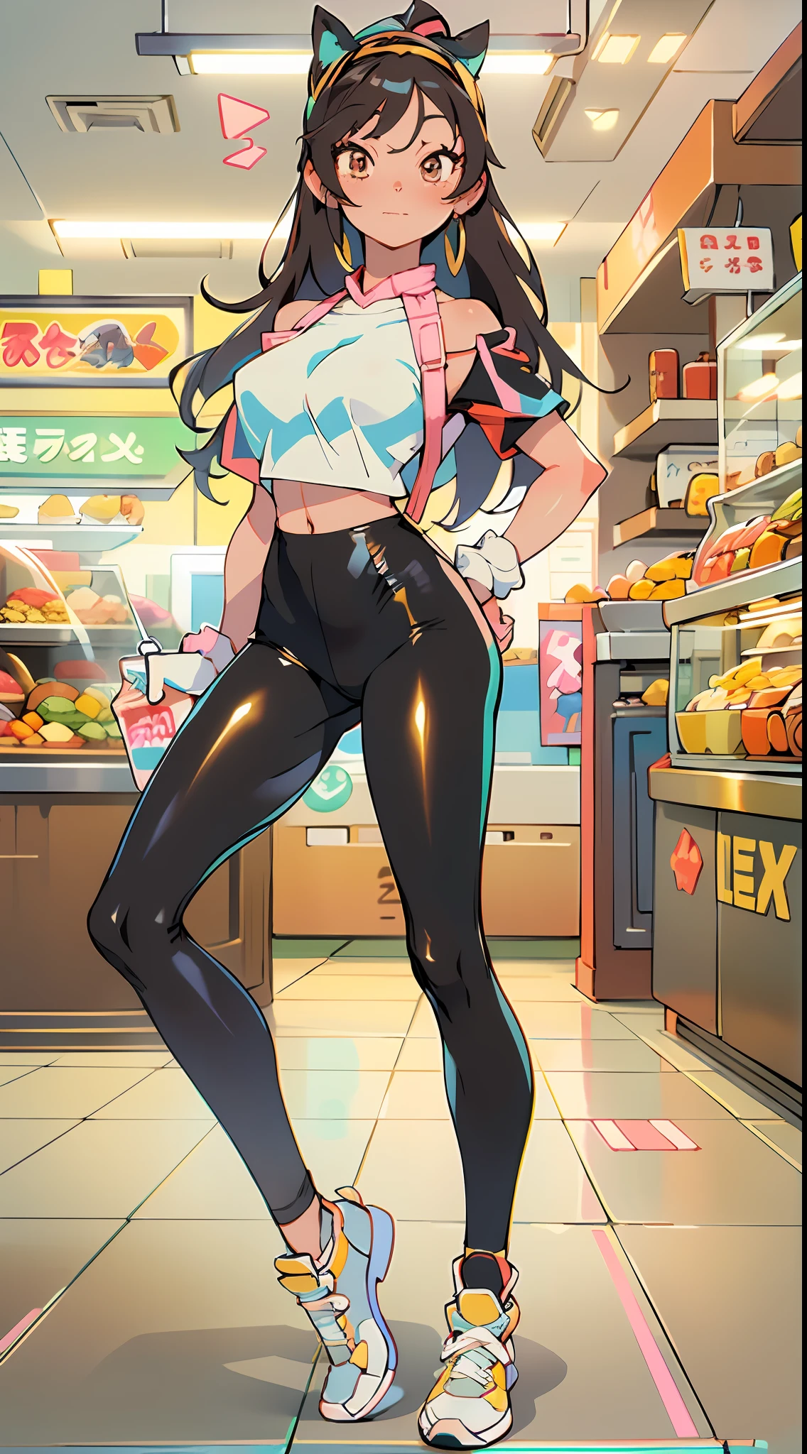 ((Masterpiece)), best quality, absurderes, ultra detailed, holographic, cowboy shot, dynamic pose, golden ratio, super cute girl, mature girl, extremely beautiful, super beautiful asian girl with super beautiful brown shiny eyes, super petite and sexy body, super beautiful legs, super beautiful brown multicolored short hair, high ponytail, shiny and super beautiful skin, nice and sexy body, slim and delicate body, perfect body, wearing a super tight black short sleeve crop top, bare shoulders, super tight translucid black leggings, hot panties, fox hairband, being photographed in a popular kawaii food court