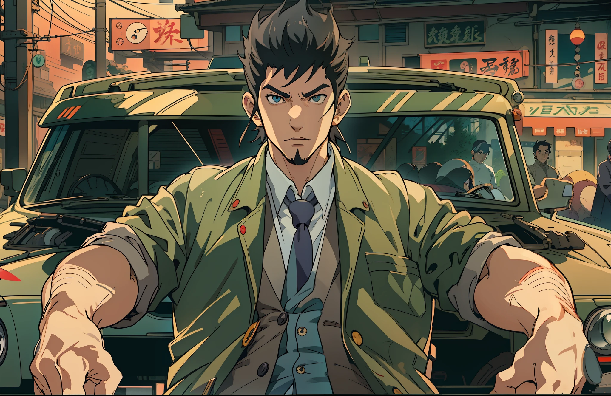 Five Yakuza, Cinematic Full Shot Camera, (Camera FS), art style, Ground Level Camera, (Perfect Bodies), (Perfect face), (Perfect eye), Dangerous, bad Ass, standing in front of the car, epic, male, Anime style, vector illustration, (((Ghibli studio))), Makoto Shinkai, Black, High detailed Face, Color full