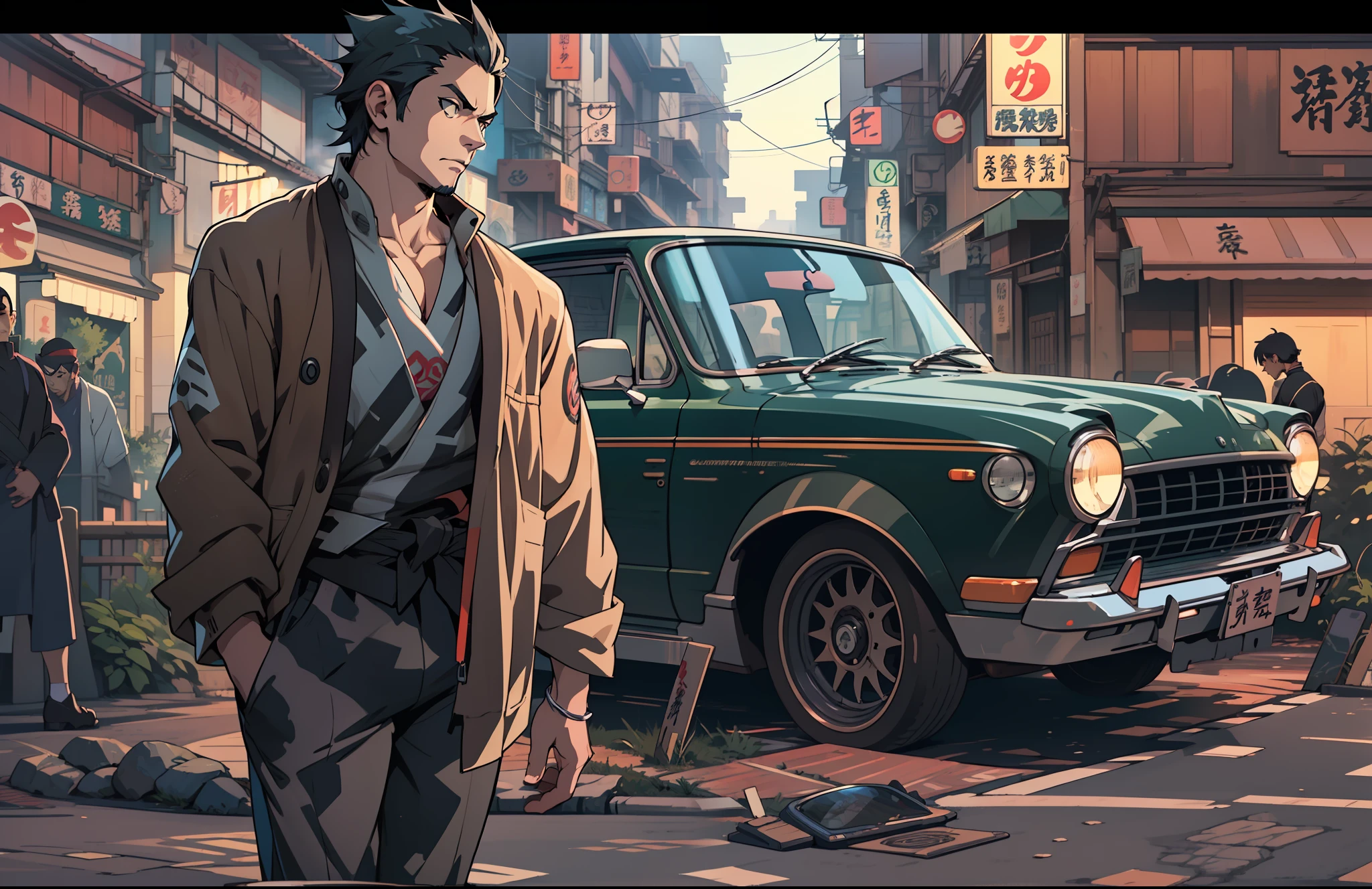 Five Yakuza, Cinematic Full Shot Camera, (Camera FS), art style, Ground Level Camera, (Perfect Bodies), (Perfect face), (Perfect eye), Dangerous, bad Ass, standing in front of the car, epic, male, Anime style, vector illustration, (((Ghibli studio))), Makoto Shinkai, Black, High detailed Face, Color full