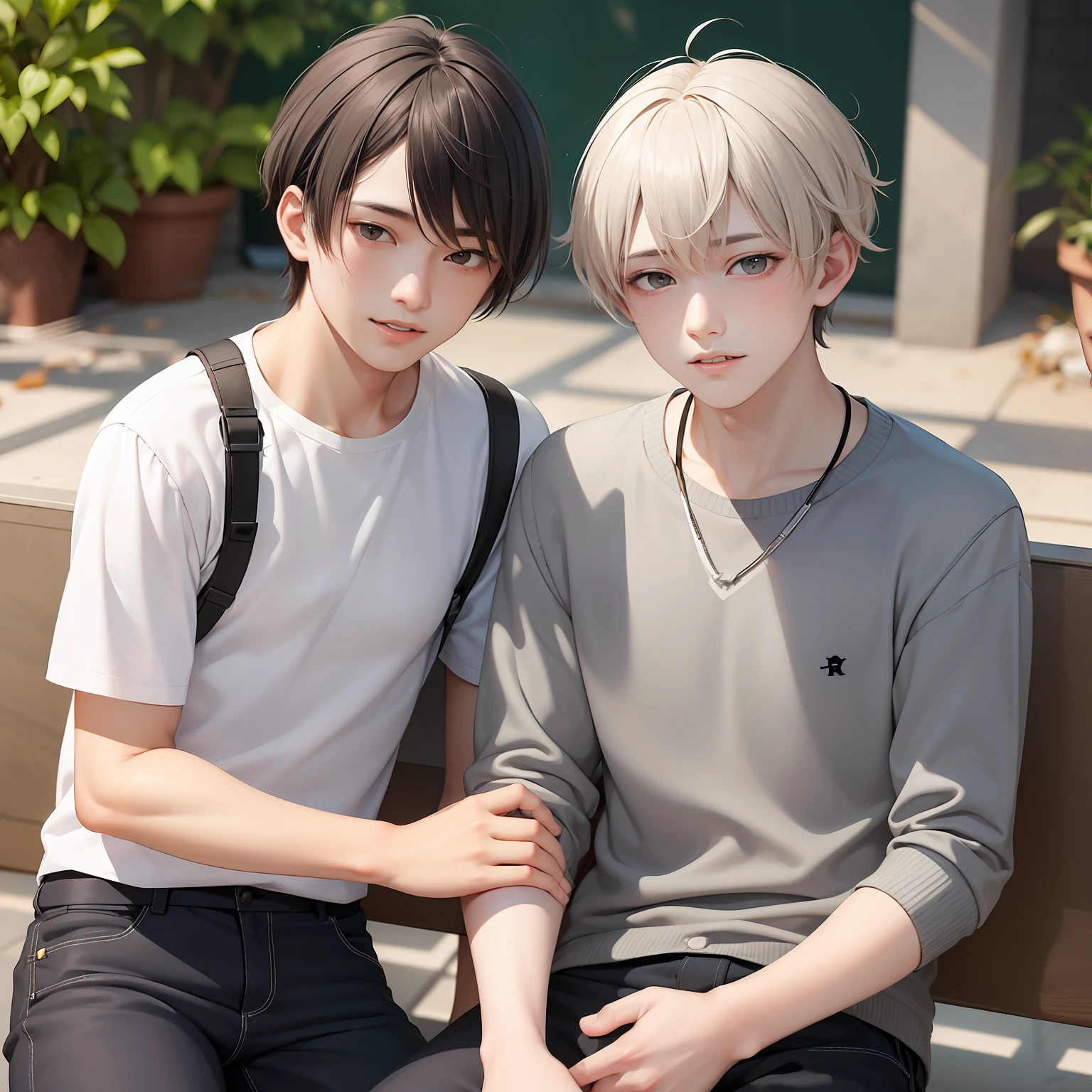 Two 15-year-old teenage friends with Latin skin and light gray hair at school are talking about an important topic are friends almost like brothers.......
